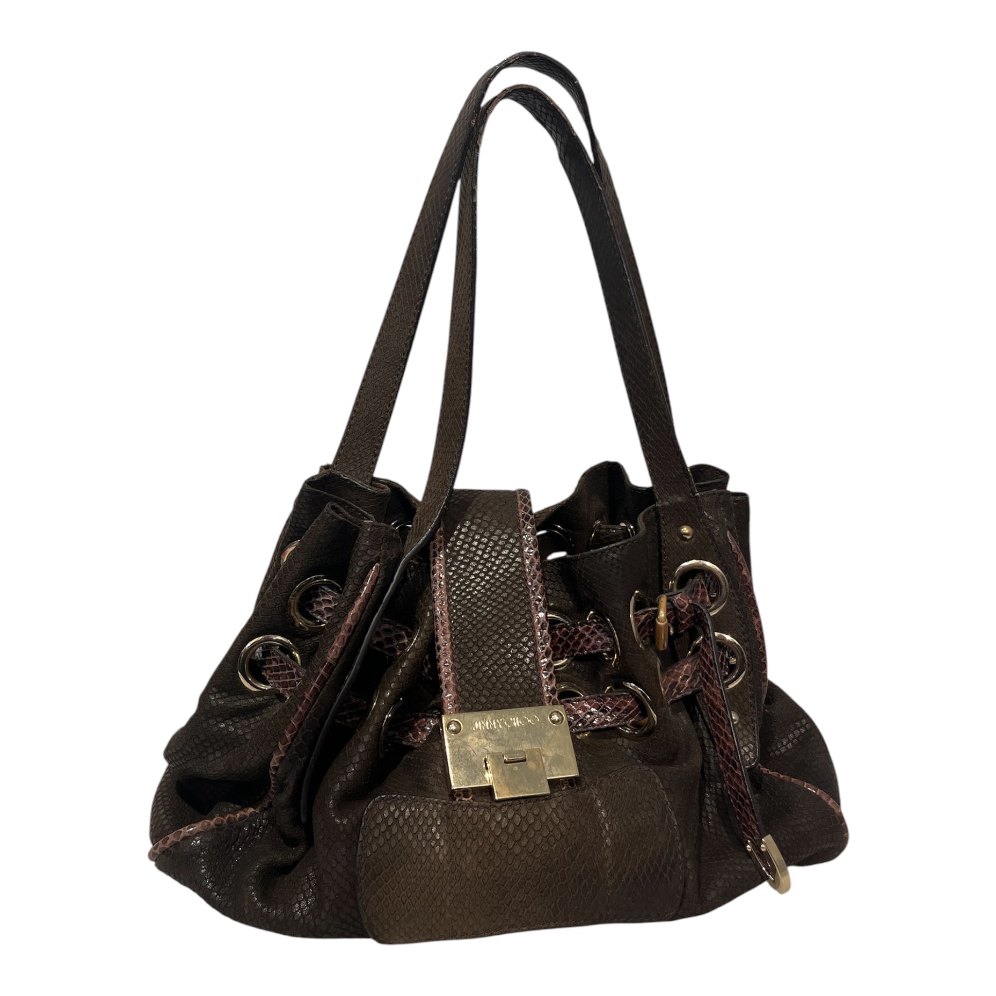 JIMMY CHOO/Hand Bag/Animal Pattern/Suede/BRW/chocolate python trim/fliploc view 1