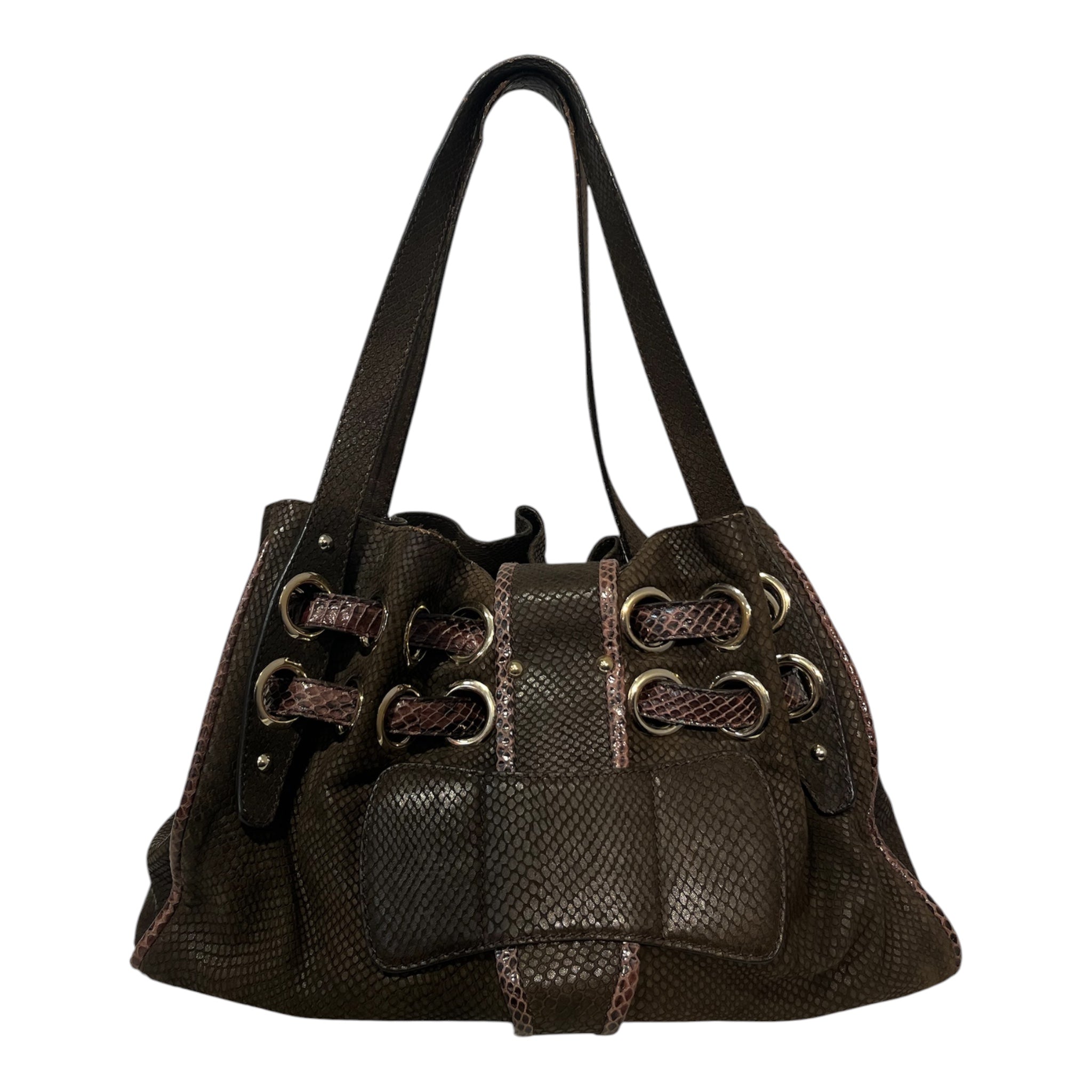 JIMMY CHOO/Hand Bag/Animal Pattern/Suede/BRW/chocolate python trim/fliploc view 2