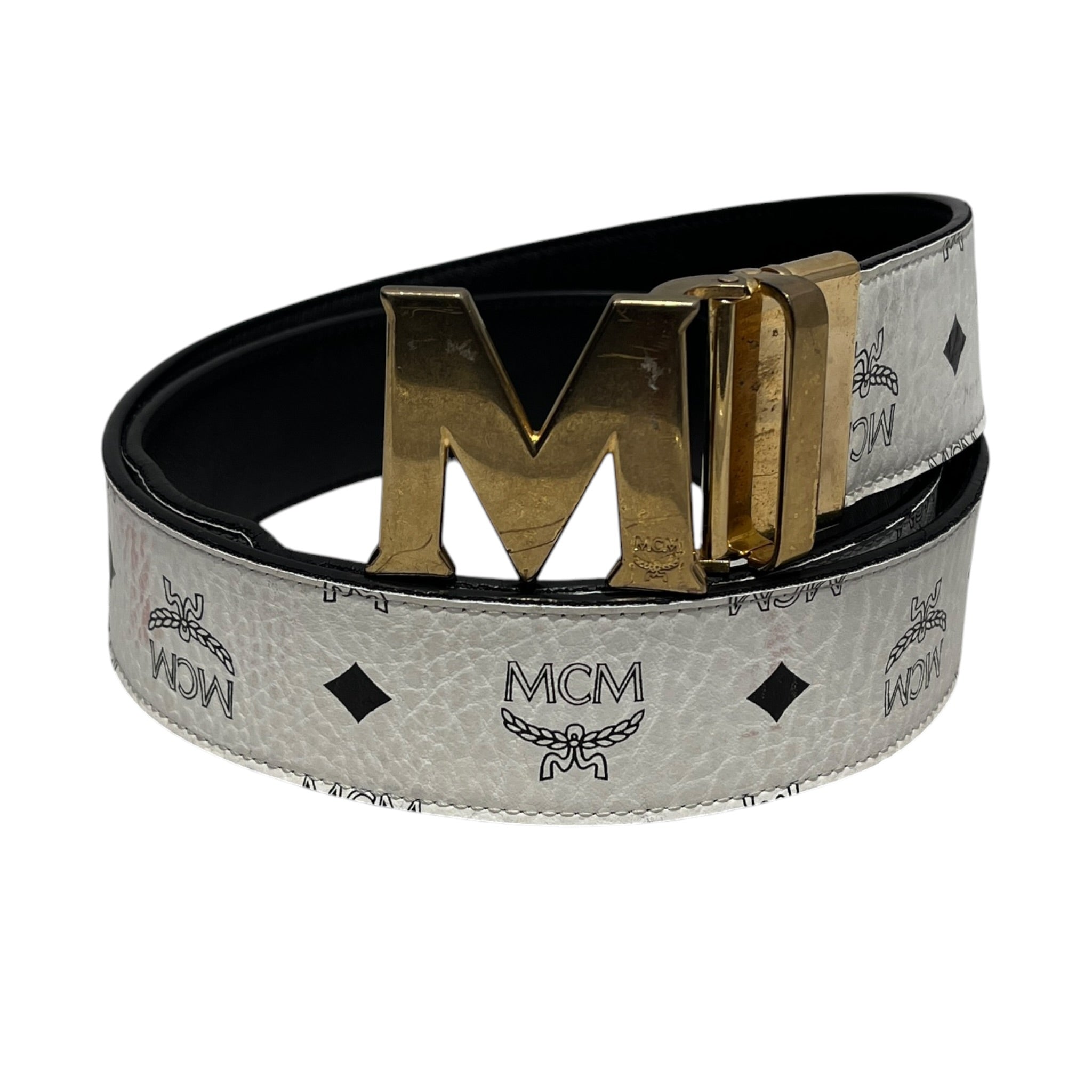 MCM/Belt/Monogram/Leather/WHT/M's/gold buckle view 1