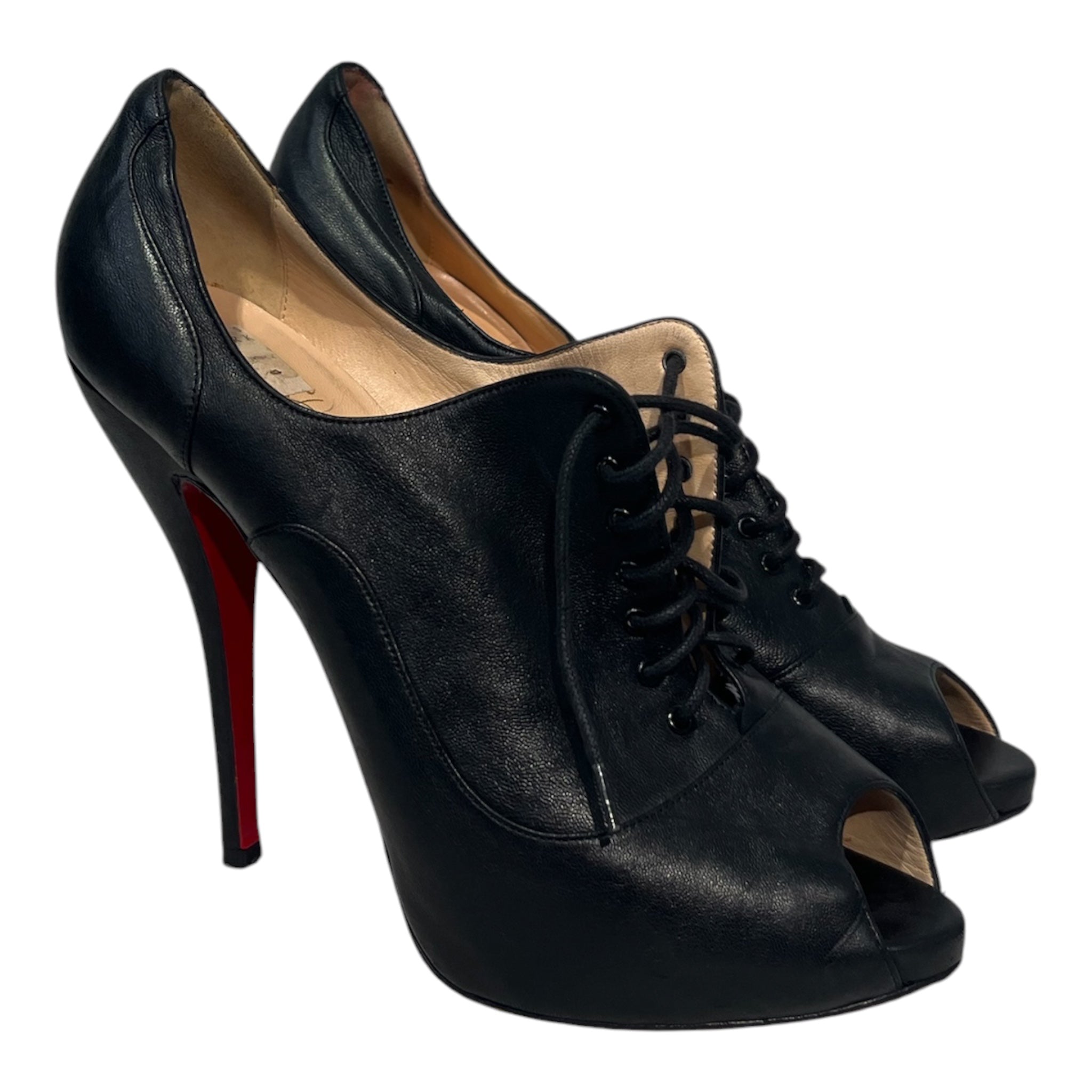 Christian Louboutin/Heels/US 8.5/Leather/BLK/peep toe lace up heels view 1