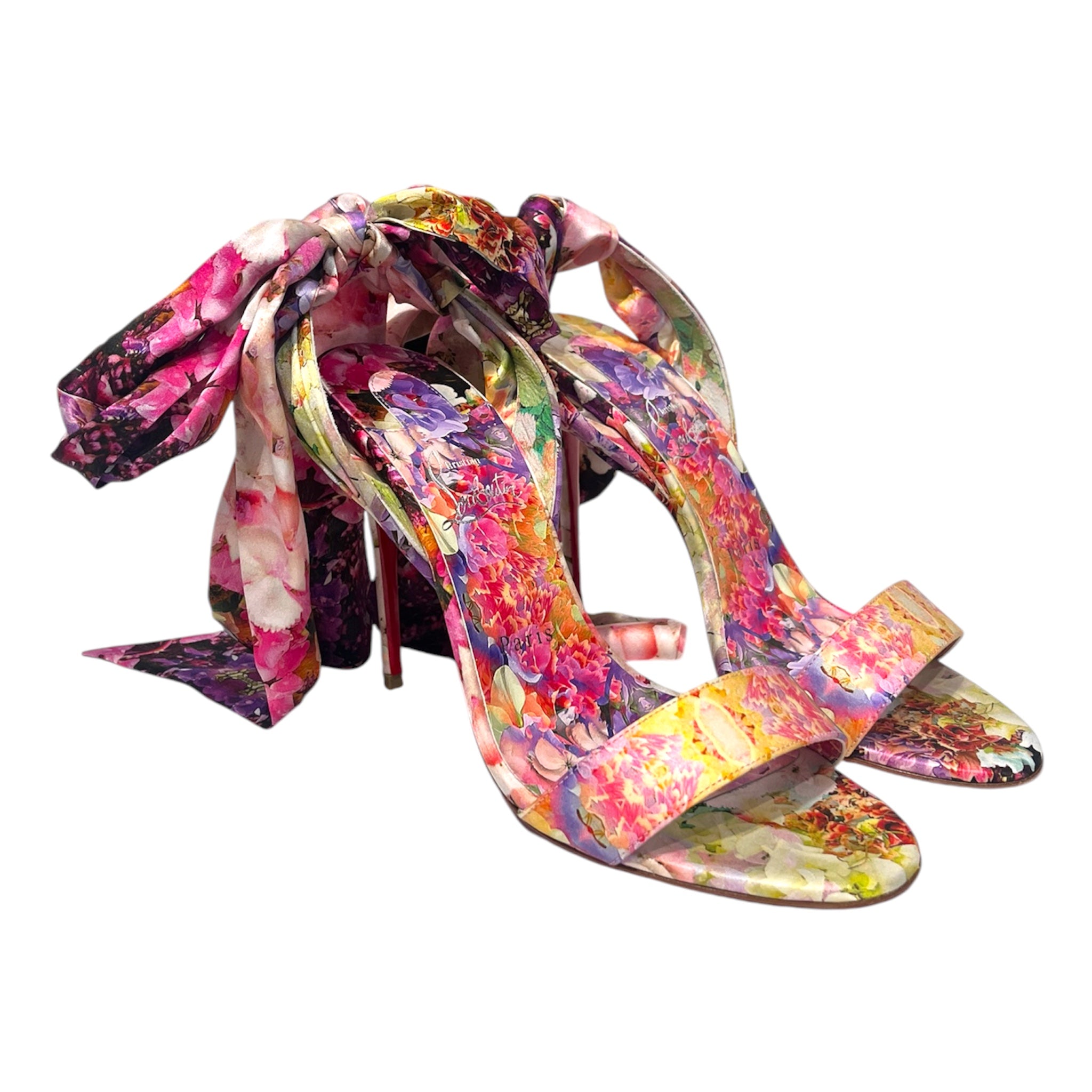 Christian Louboutin/Heels/EU 39/Floral Pattern/PNK/Open-Toe/floral dsn with ankle ribbons view 1