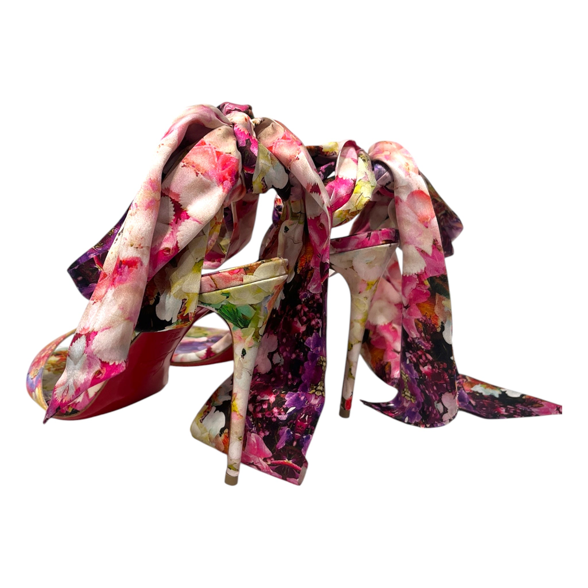 Christian Louboutin/Heels/EU 39/Floral Pattern/PNK/Open-Toe/floral dsn with ankle ribbons view 2