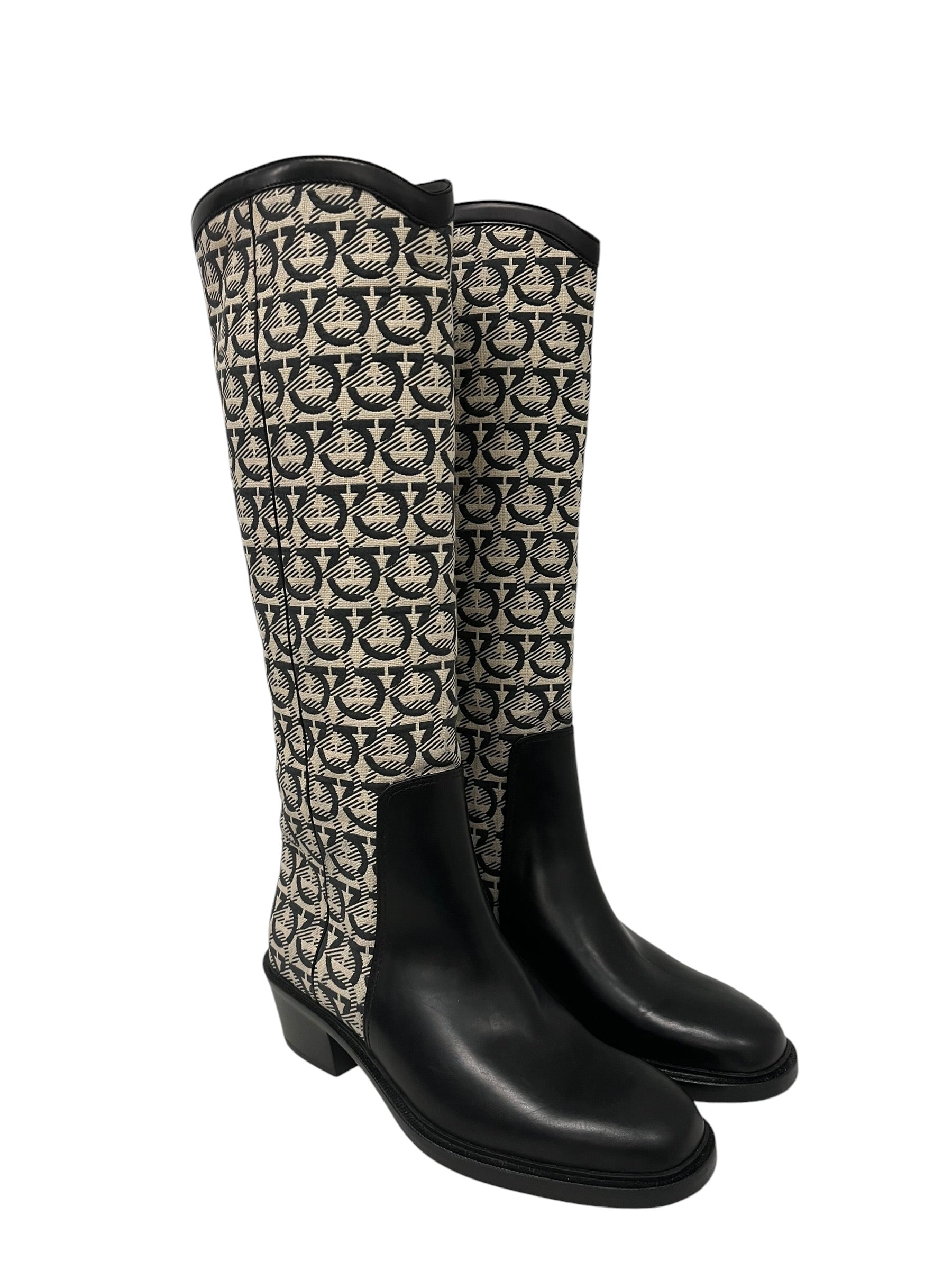 Salvatore Ferragamo/Long Boots/US 8/Monogram/Leather/BLK/BREIBBA BOOTS view 1
