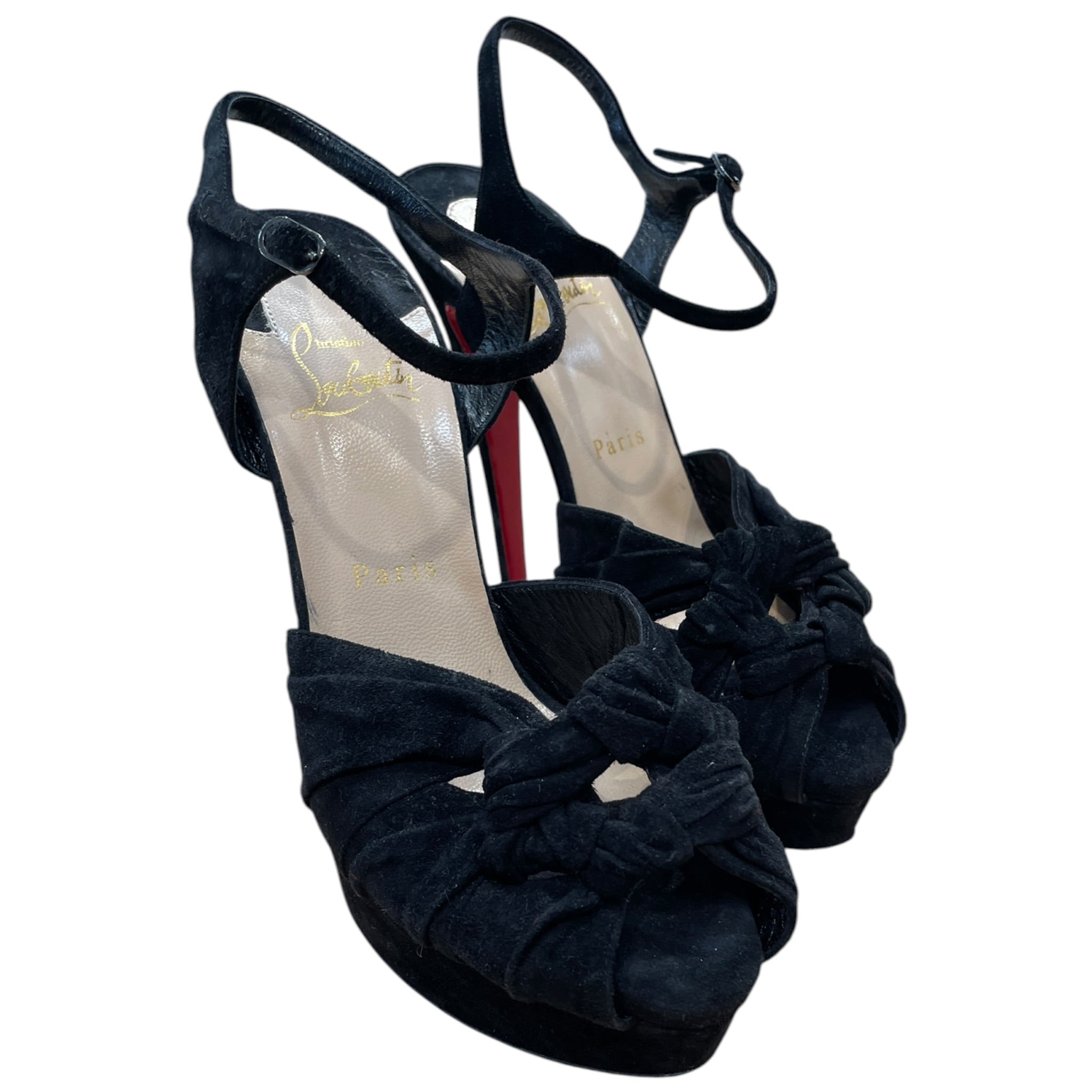 Christian Louboutin/Heels/EU 38/Suede/BLK/heel strappy sandals view 1