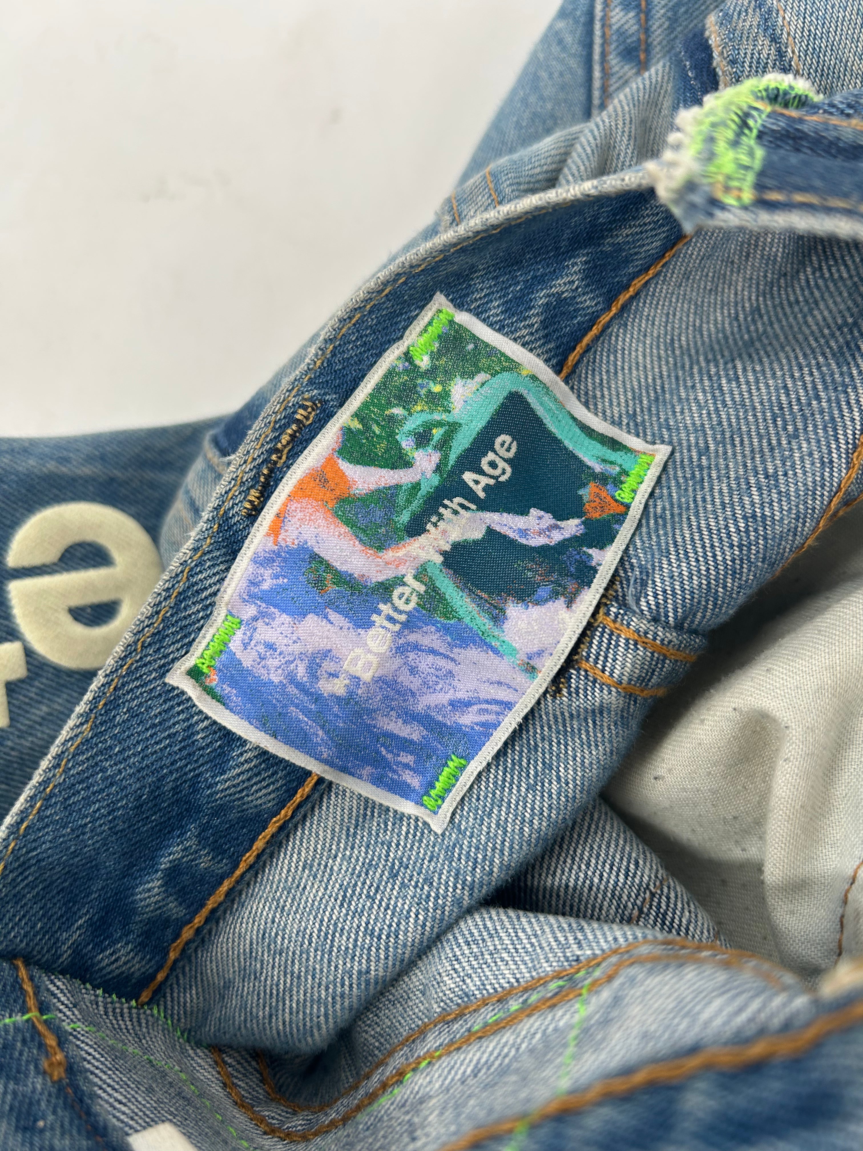 Better With Age/Straight Pants/Denim/BLU/Button Fly/GRN STITCHING 2 TONE PNK PATC view 3