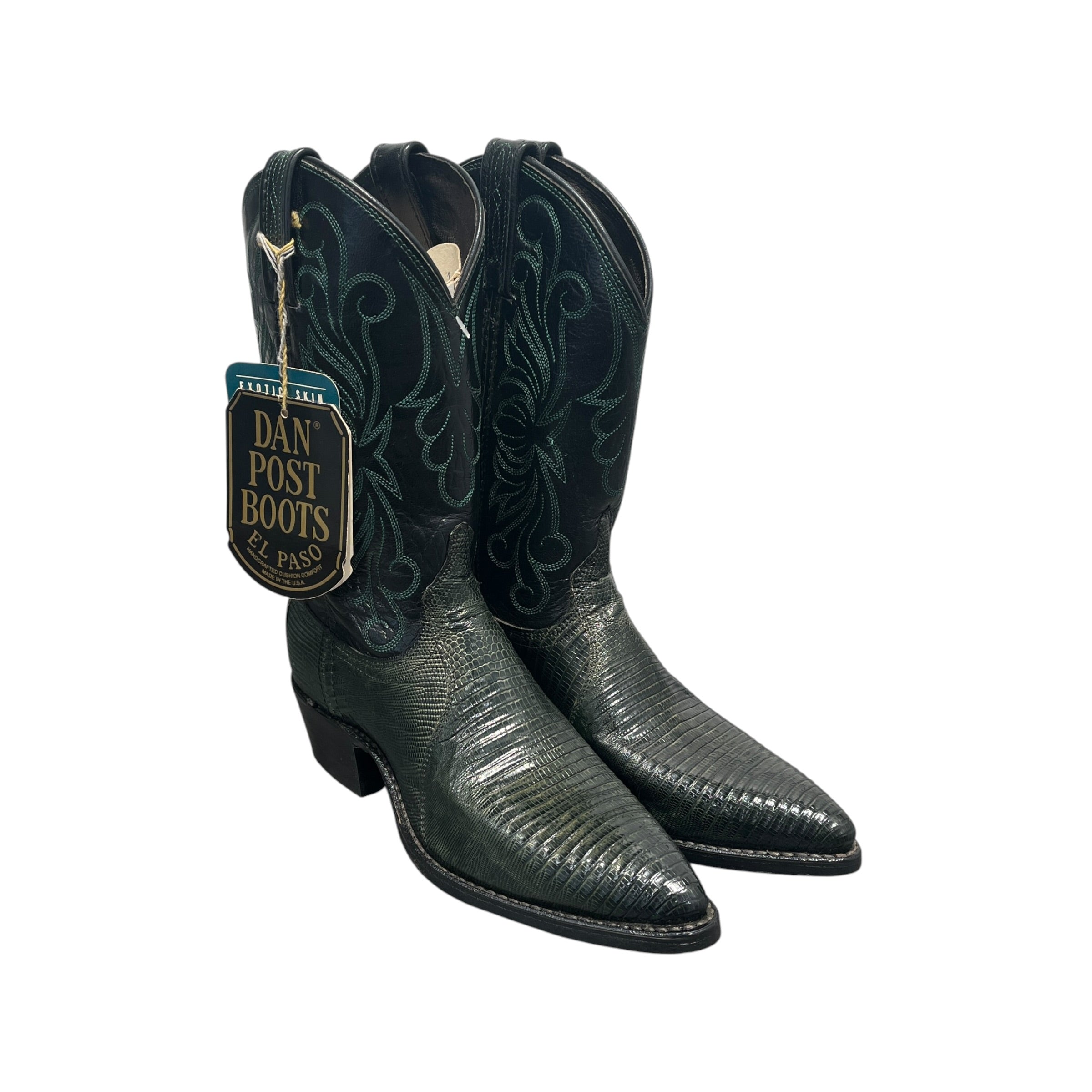 DAN POST BOOTS/Vintage/Western Boots/US 7/Graphic/Leather/GRN/Patent/Green Embroidered Black Boots view 1