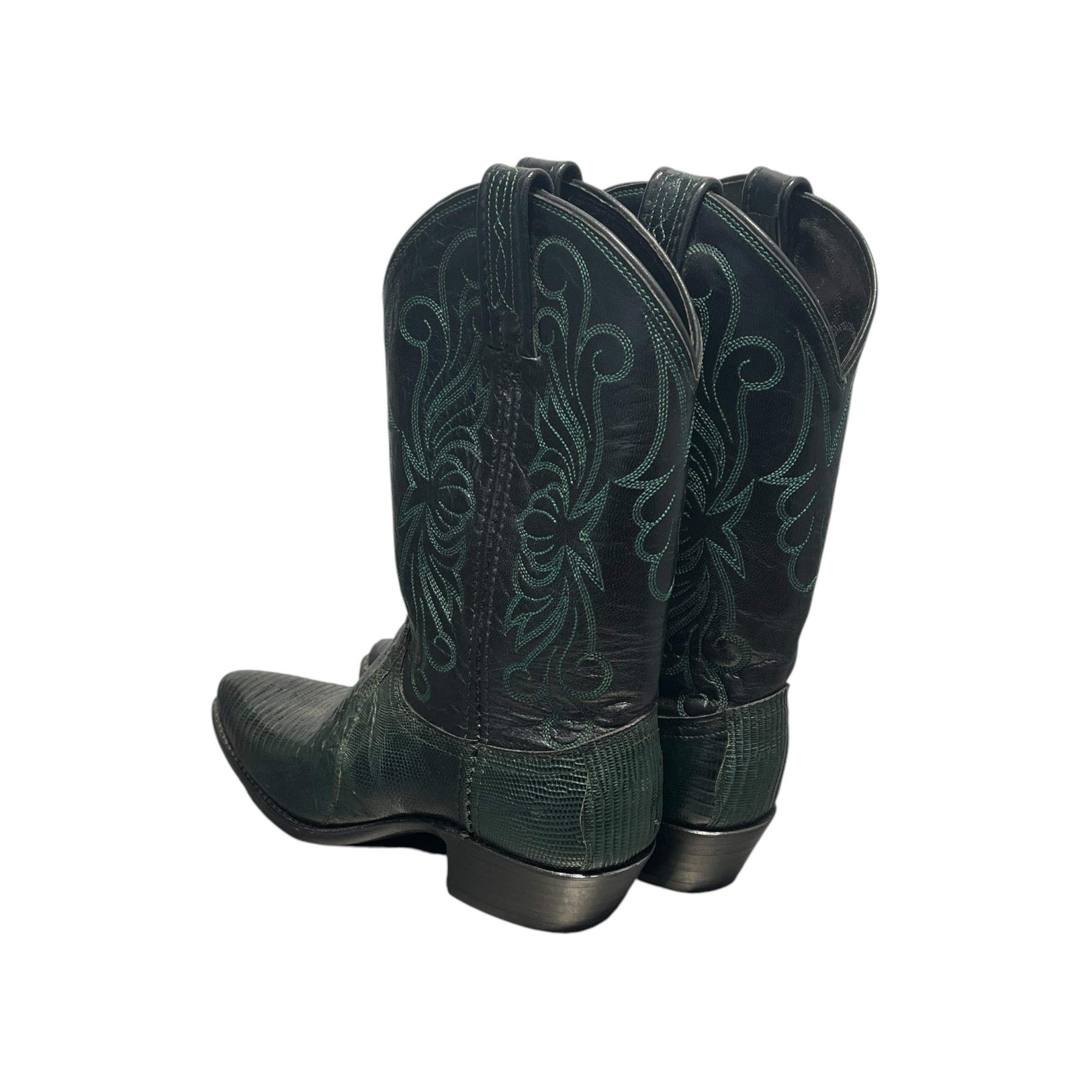 DAN POST BOOTS/Vintage/Western Boots/US 7/Graphic/Leather/GRN/Patent/Green Embroidered Black Boots view 2