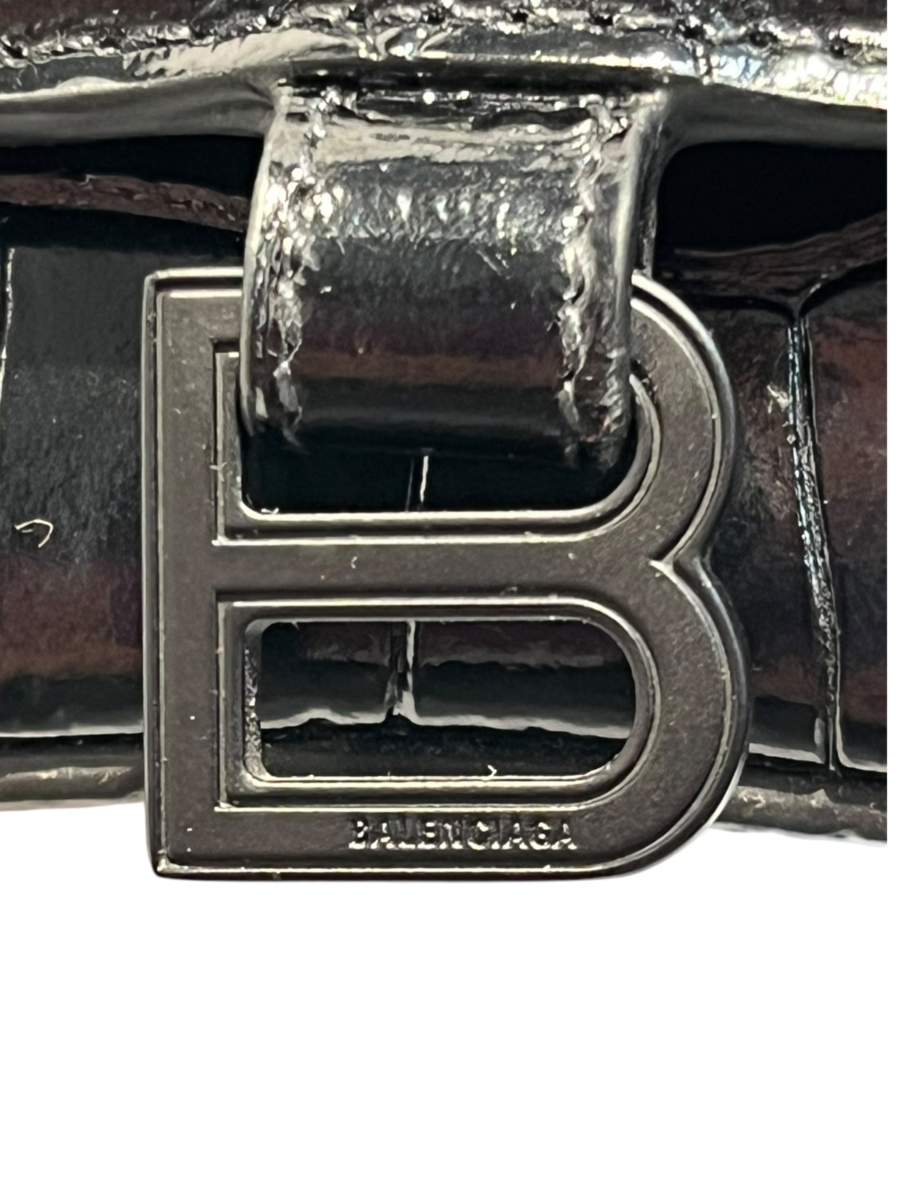 BALENCIAGA/Cross Body Bag/Animal Pattern/Leather/BLK/hourglass mini xs crocodile view 3