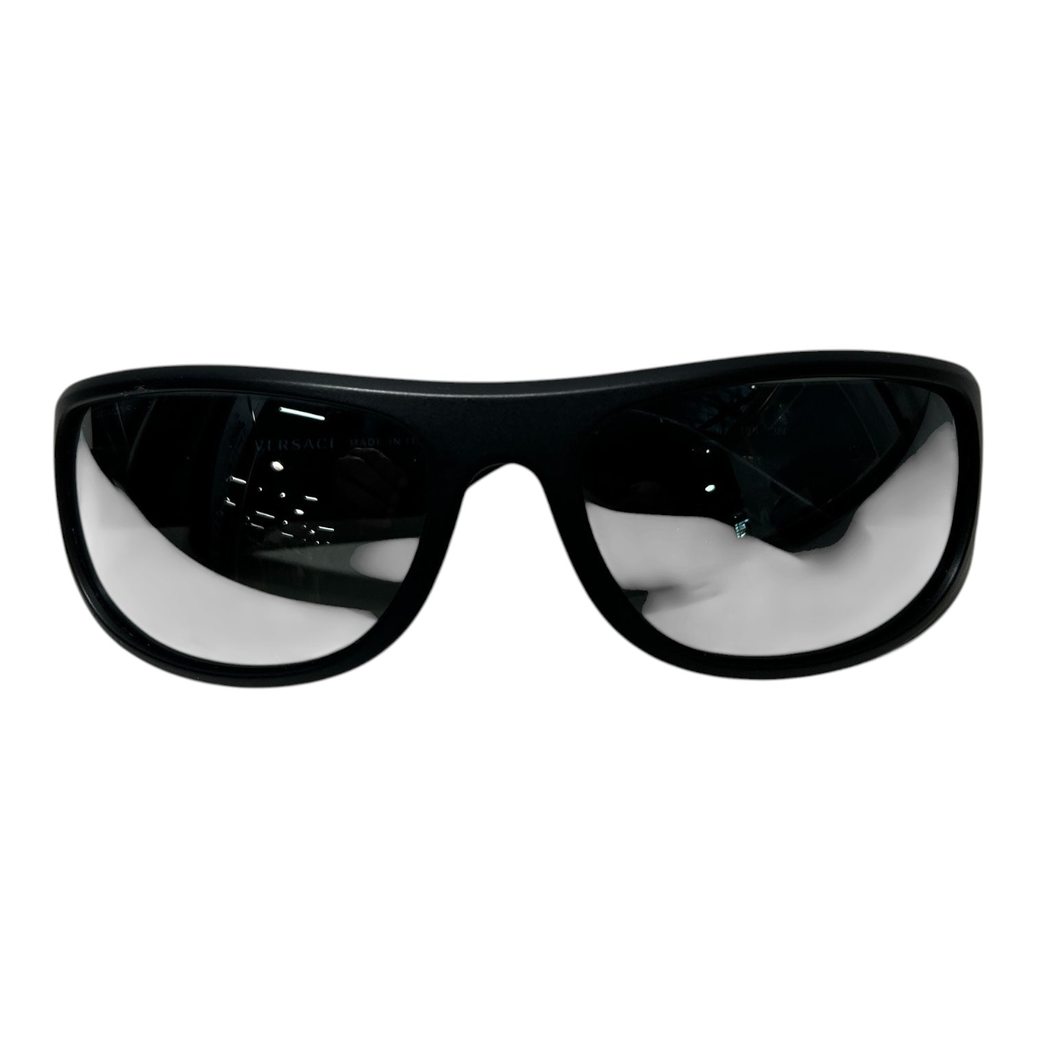 VERSACE/Sunglasses/Plastic/BLK/wrap around logo face sidetemp view 1