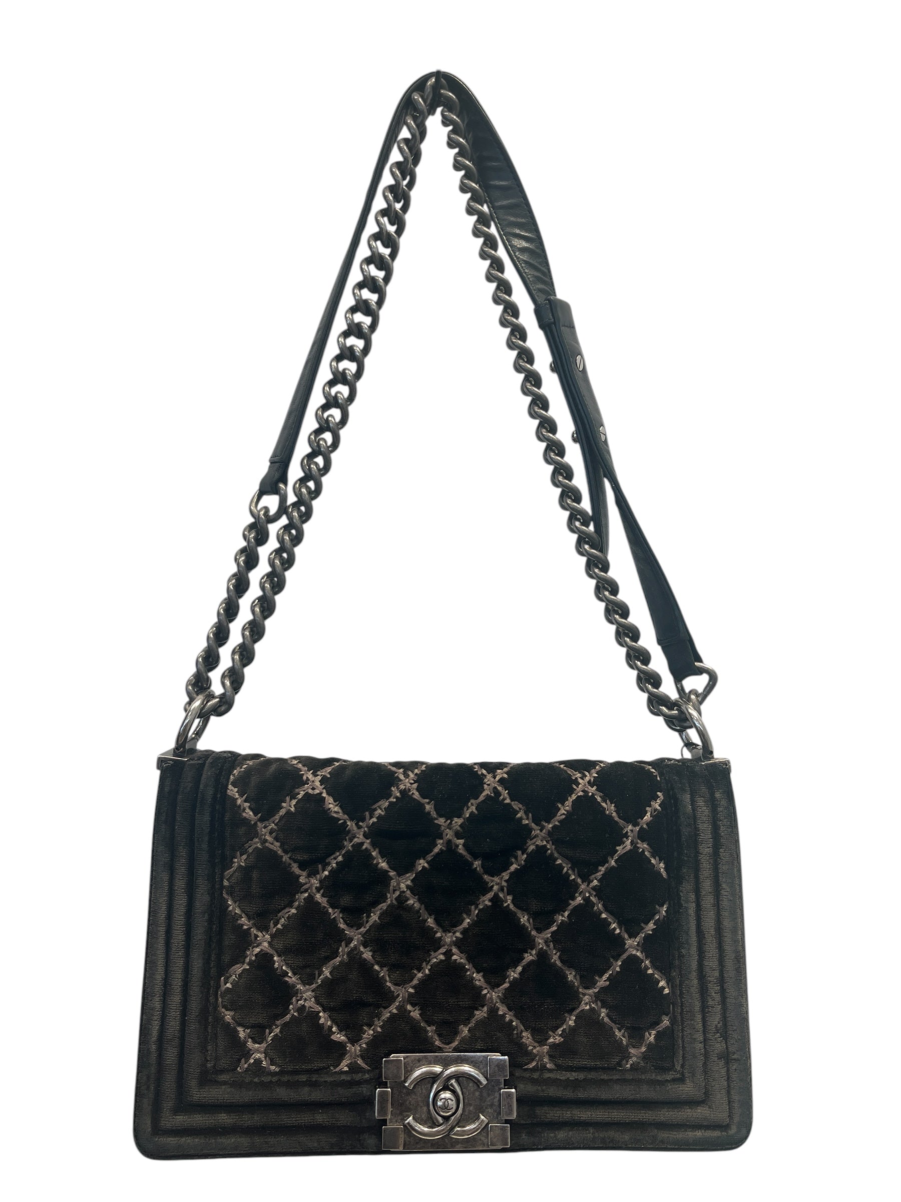 CHANEL/Cross Body Bag/Velour/BLK/BOY BAG BARBWIRE QUILTED view 1
