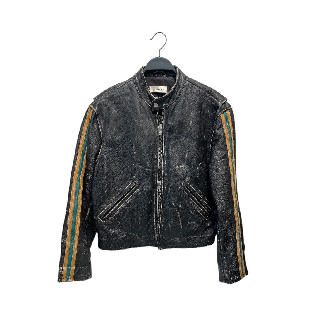 BARE KNUCKLES/Leather Jkt/M/Leather/BLK/green and yellow stripe sleeve view 1