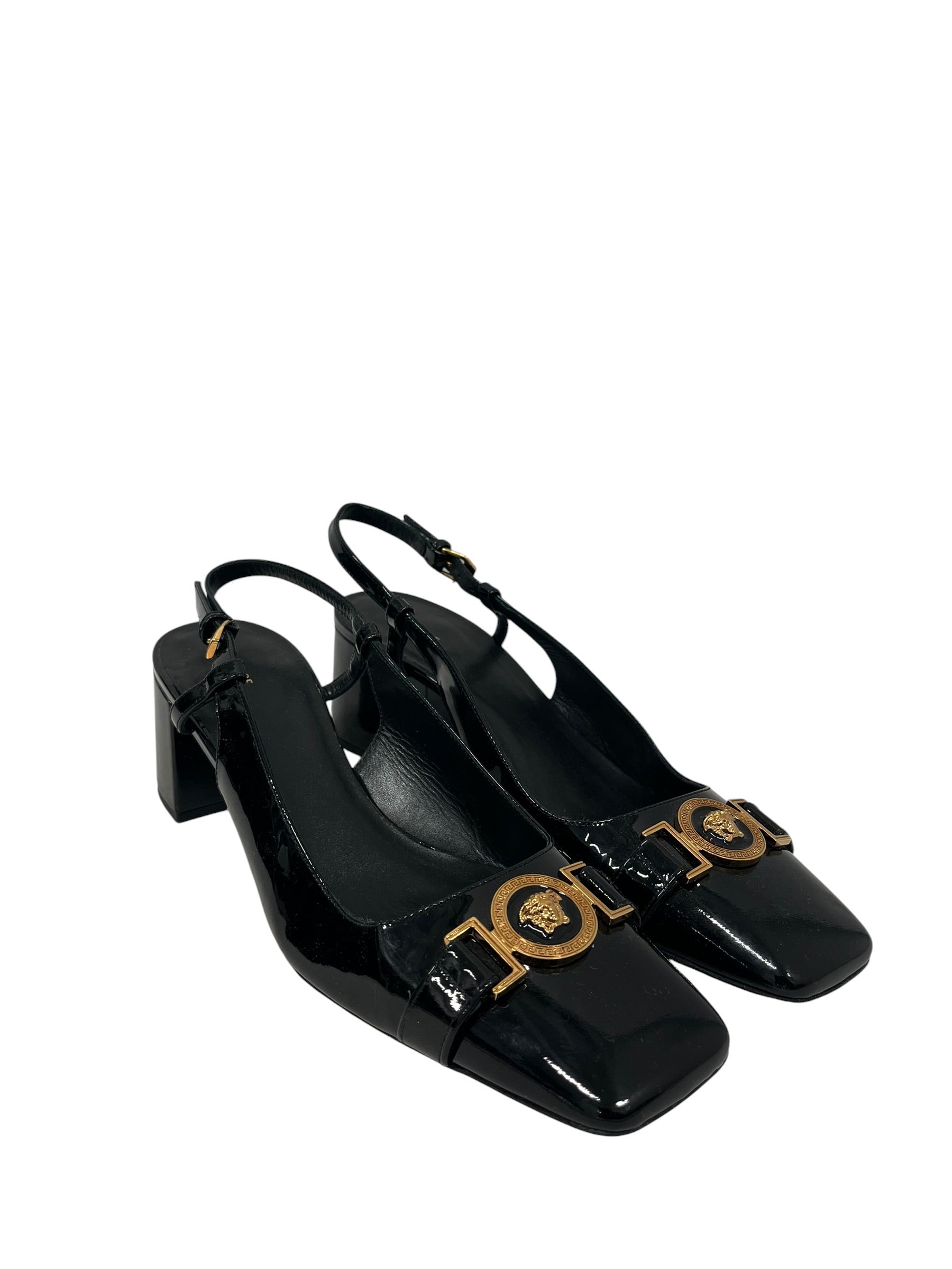 VERSACE/Heels/EU 41/Leather/BLK/Chunky Heel/PATENT LEATHER SLINGBACK PUMPS view 1