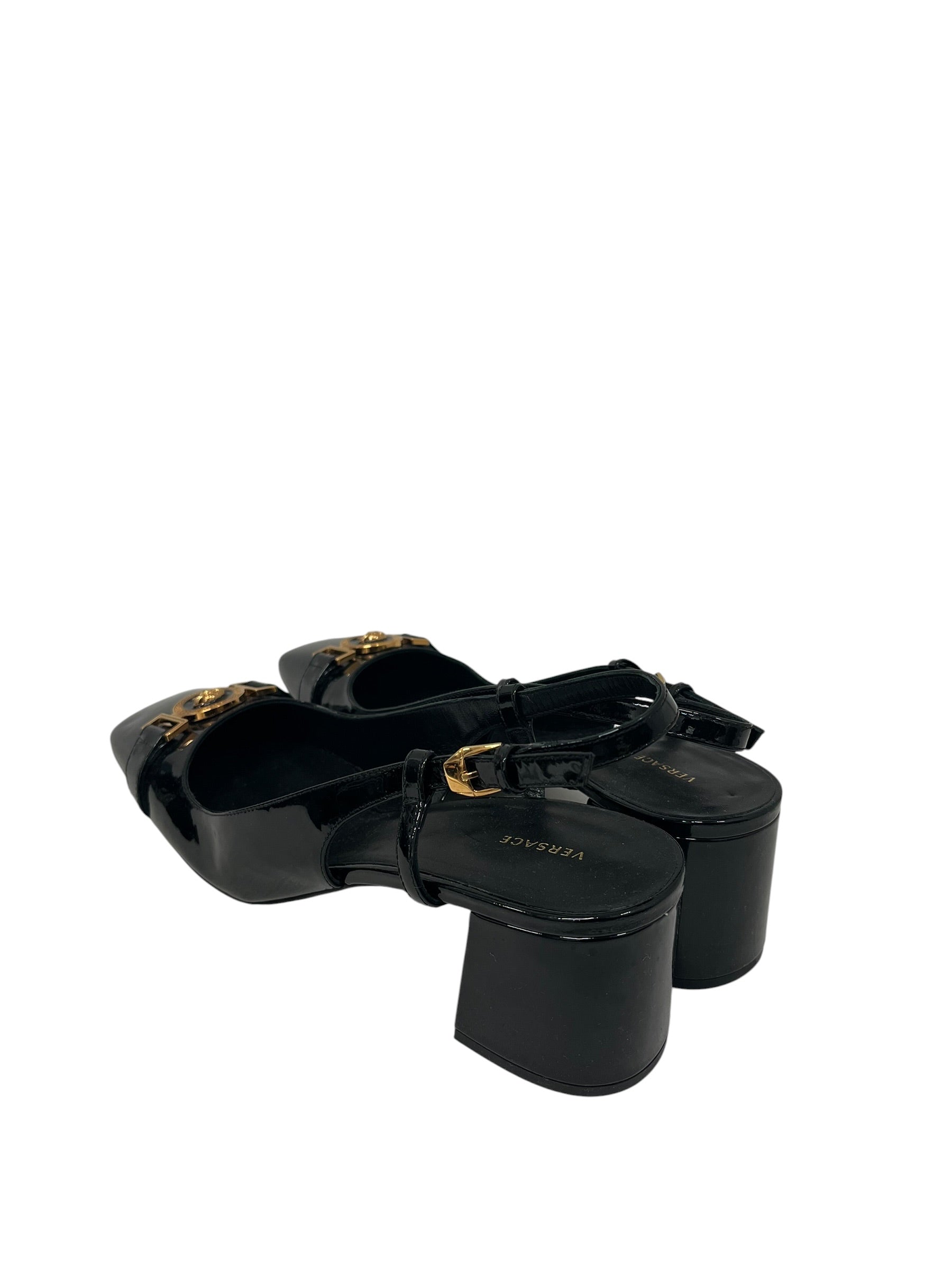 VERSACE/Heels/EU 41/Leather/BLK/Chunky Heel/PATENT LEATHER SLINGBACK PUMPS view 2