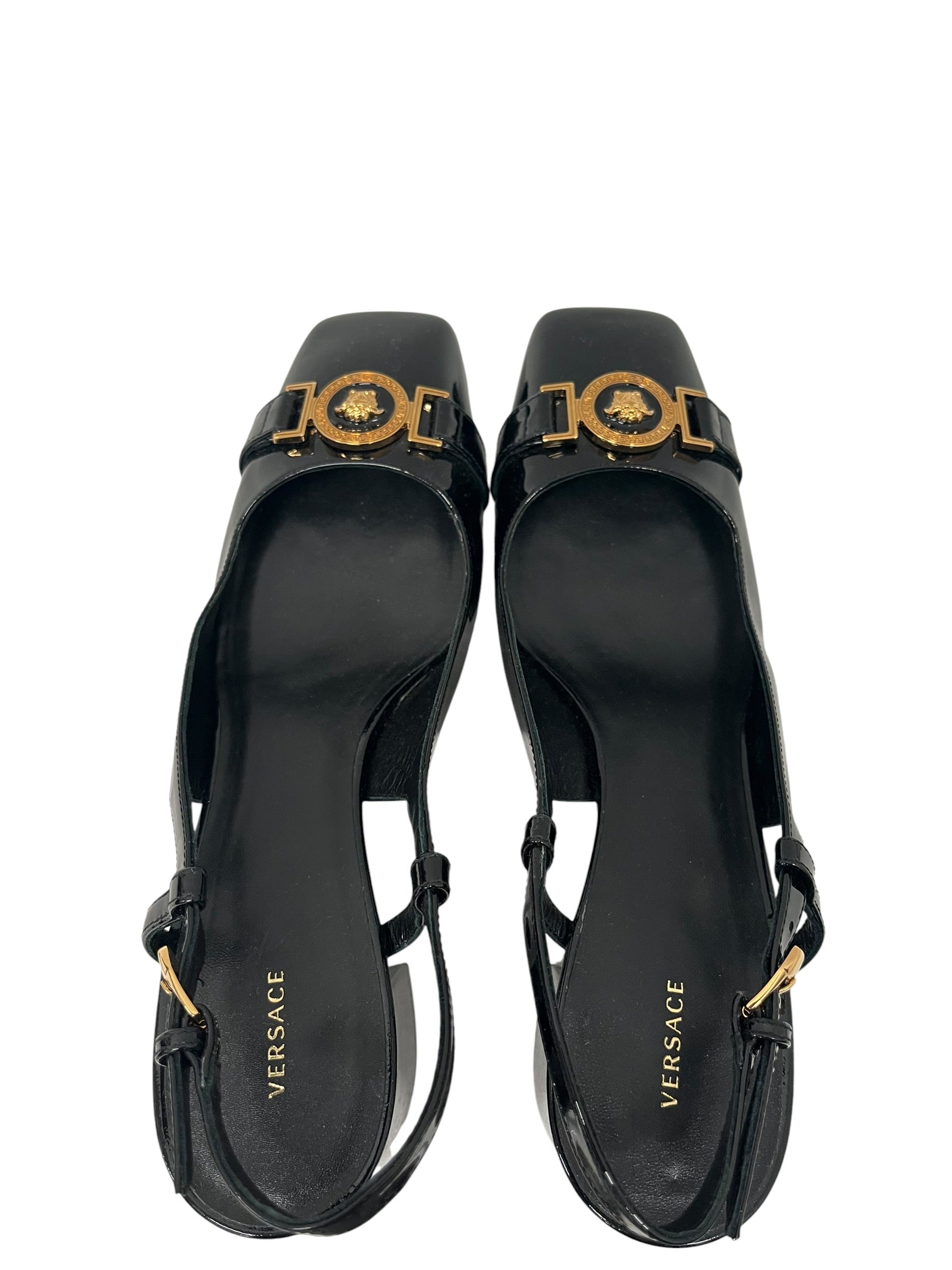 VERSACE/Heels/EU 41/Leather/BLK/Chunky Heel/PATENT LEATHER SLINGBACK PUMPS view 3