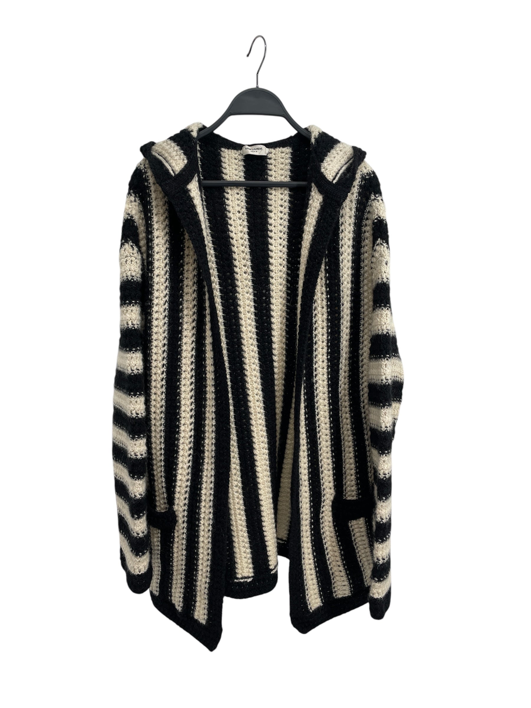 SAINT LAURENT/Hoodie/L/Stripe/Wool/BLK/2019 OPEN FRONT KNIT HOODIE view 1