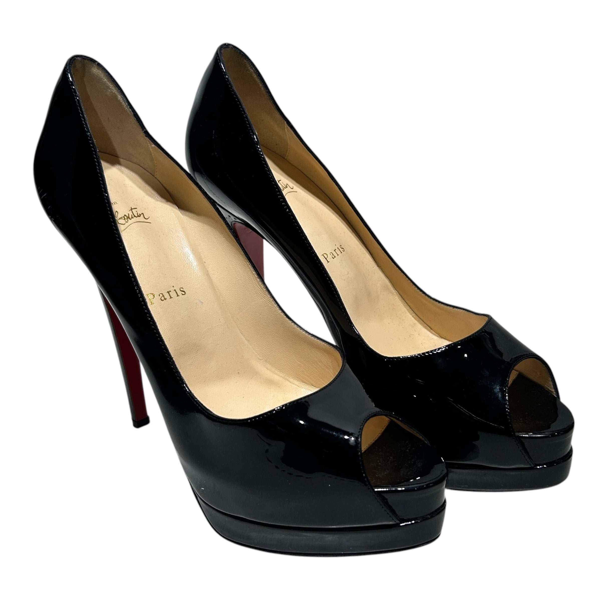 Christian Louboutin/Heels/EU 40.5/Leather/BLK/PATENT PEEP TOE STILETTO view 1