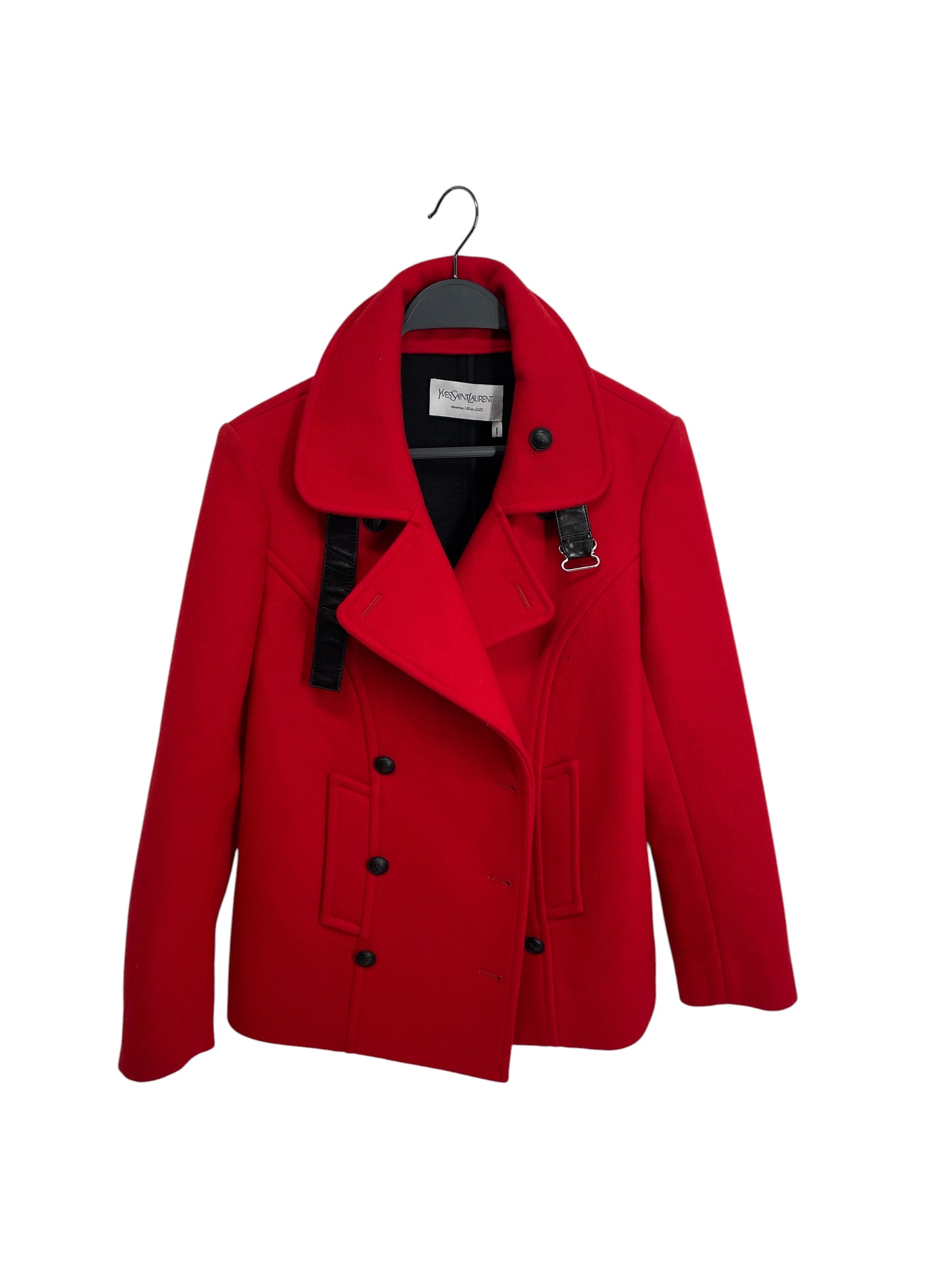 YVES SAINT LAURENT/Peacoat/40/Wool/RED/2012 LEATHER TRIM BLK BUTTONS view 1