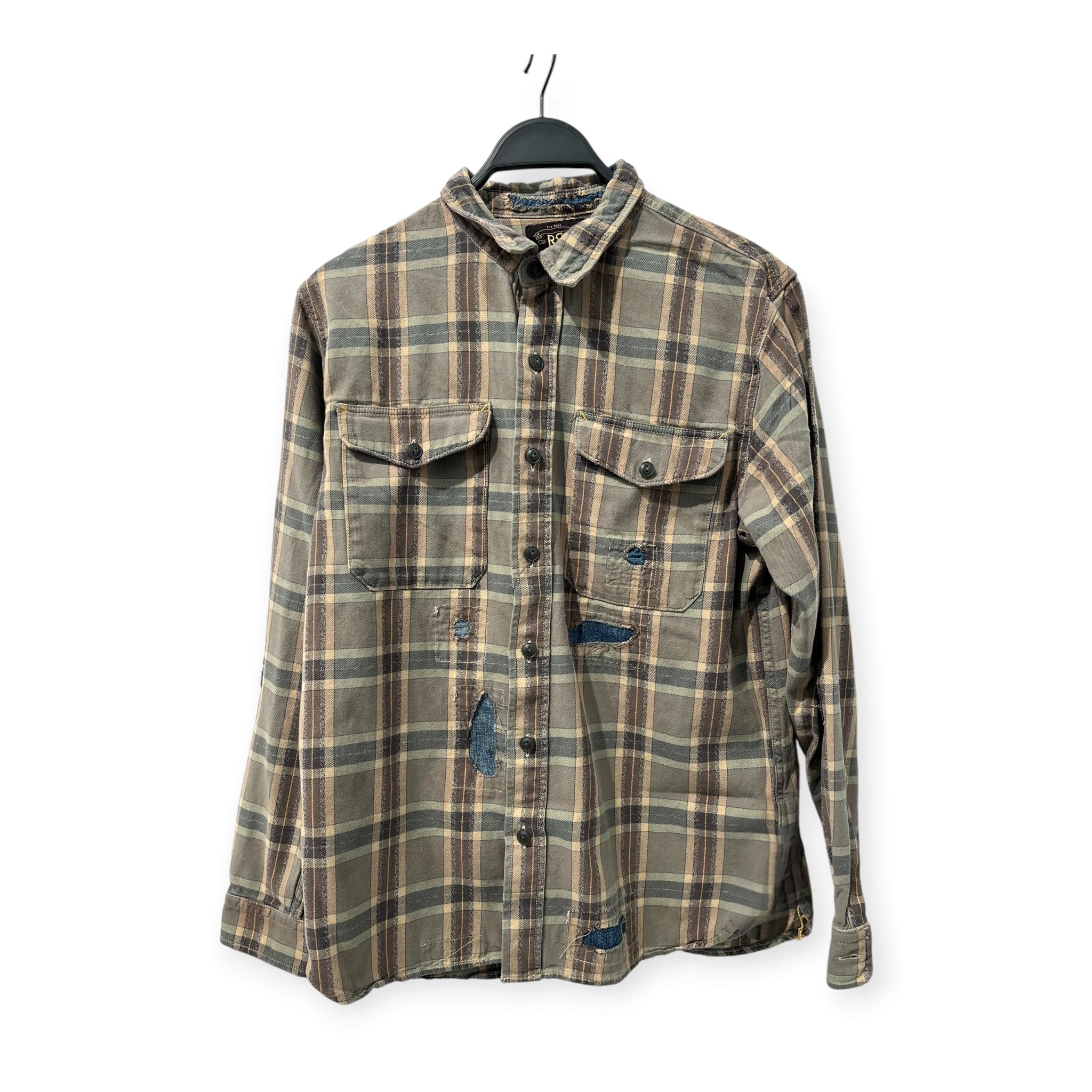 RRL/Flannel Shirt/L/Cotton/BEG/Plaid/DENIM REPAIRS ALL OVER view 1
