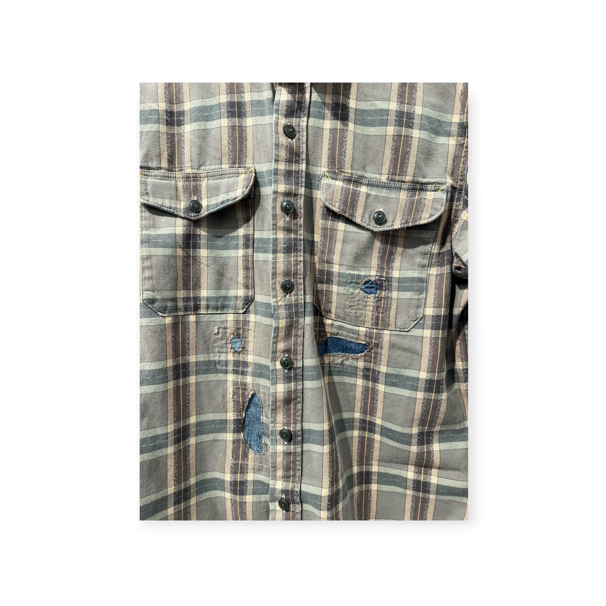 RRL/Flannel Shirt/L/Cotton/BEG/Plaid/DENIM REPAIRS ALL OVER view 2