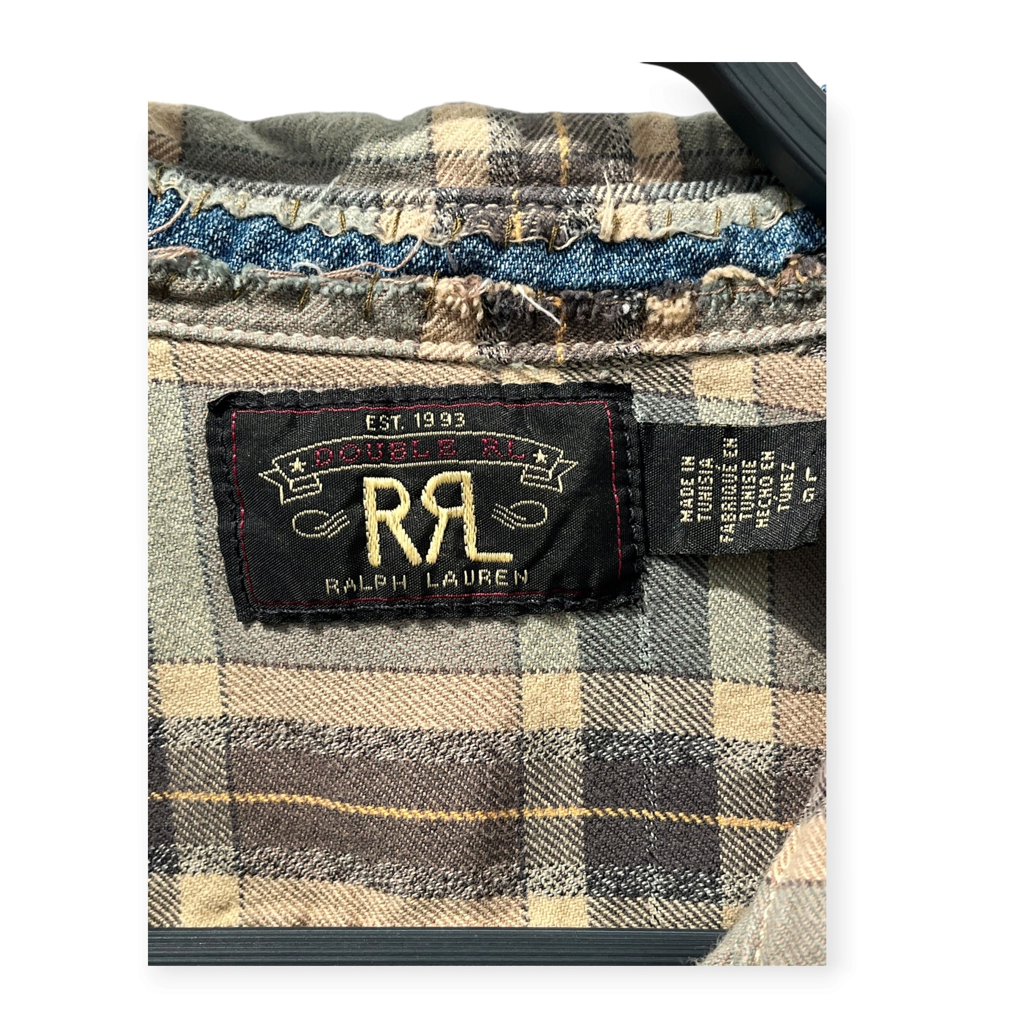 RRL/Flannel Shirt/L/Cotton/BEG/Plaid/DENIM REPAIRS ALL OVER view 4