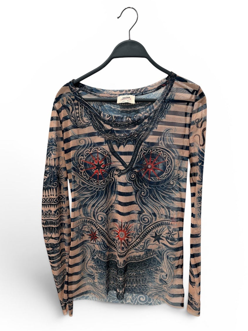 Jean Paul Gaultier/LS T-Shirt/L/All Over Print/Polyester/BEG/TATTOO/STRIPES LINDEX view 1