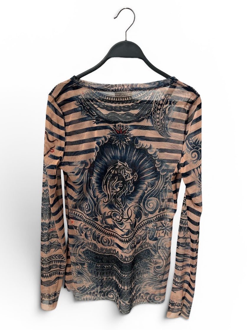 Jean Paul Gaultier/LS T-Shirt/L/All Over Print/Polyester/BEG/TATTOO/STRIPES LINDEX view 2