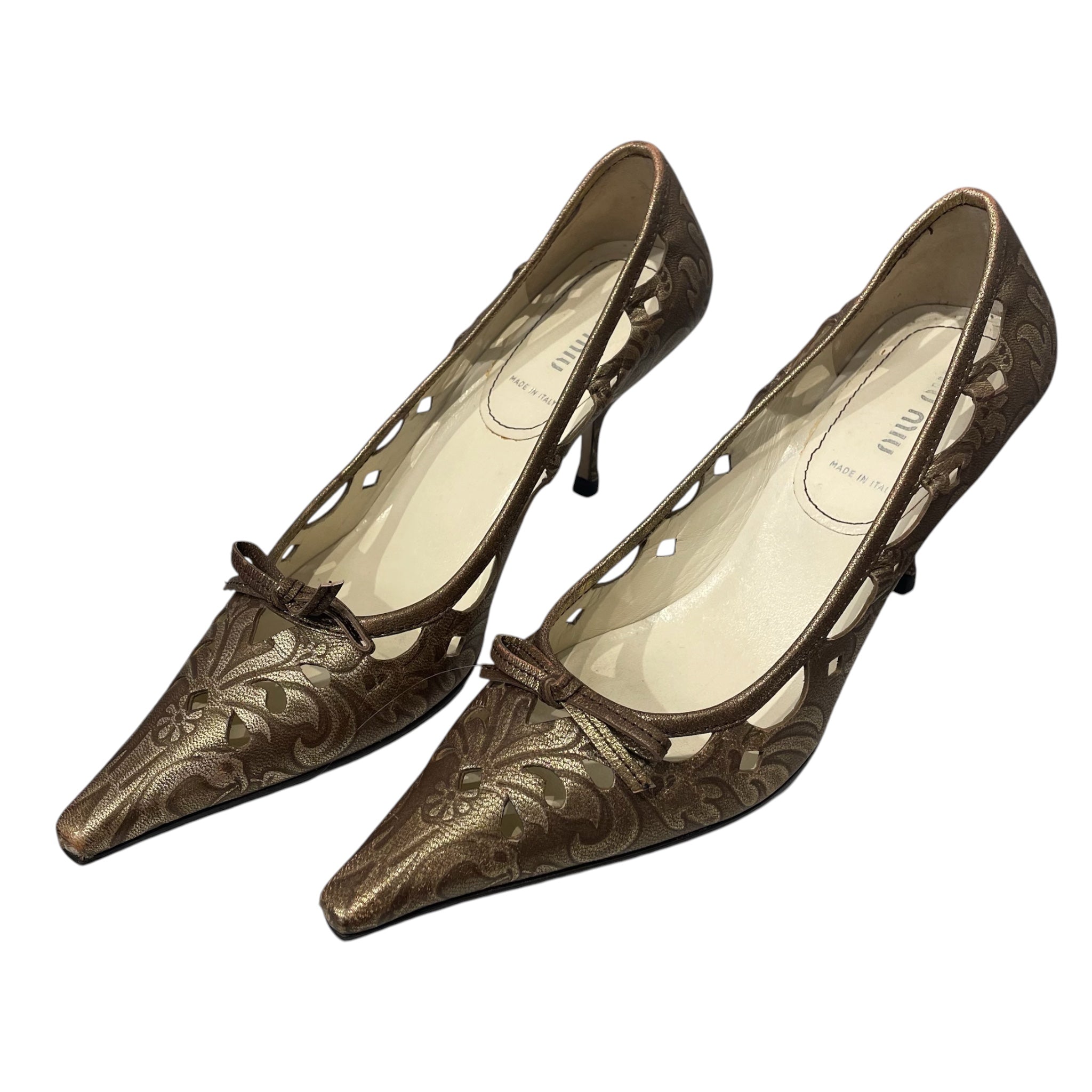 MIU MIU/Heels/EU 36.5/Iridescent/GLD/V-Tip/miu miu gold ornate heels view 1