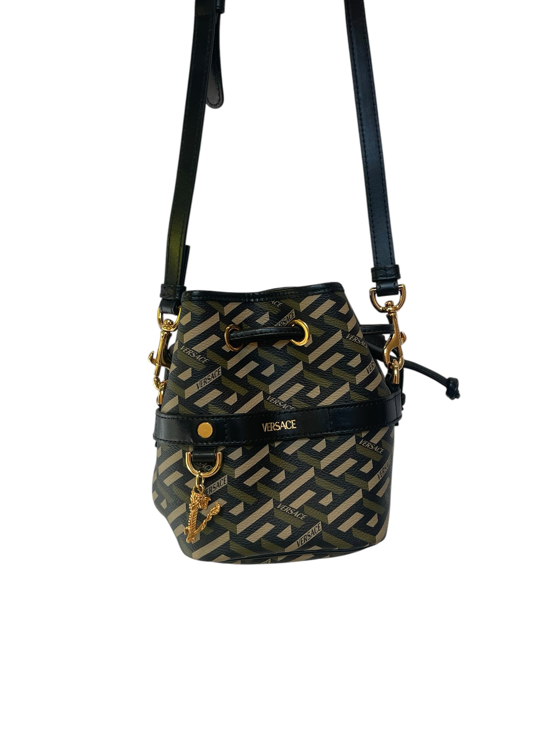 VERSACE/Cross Body Bag/All Over Print/Leather/BLK/mini bucket bag/blk/khaki/grn view 1