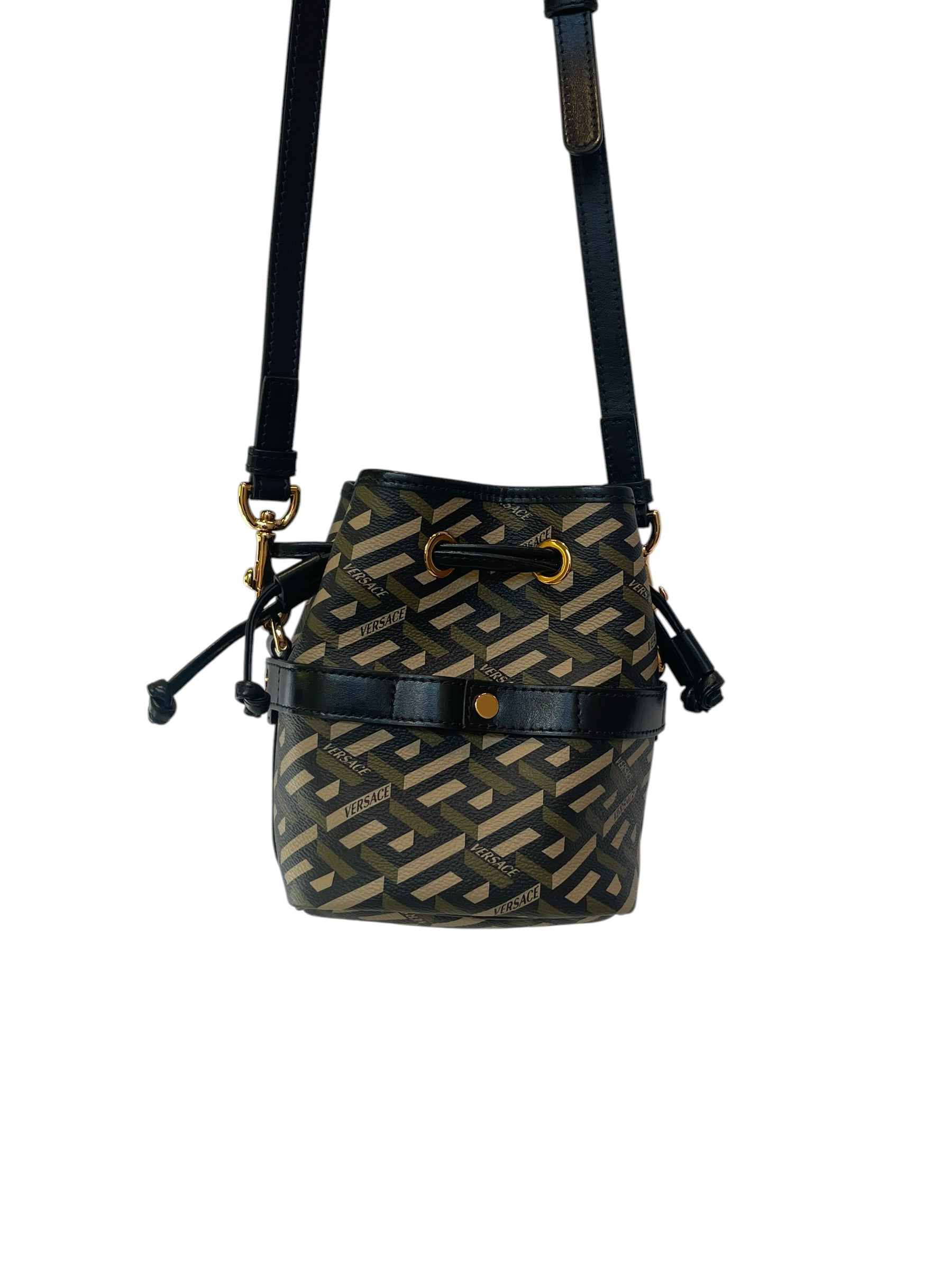 VERSACE/Cross Body Bag/All Over Print/Leather/BLK/mini bucket bag/blk/khaki/grn view 2