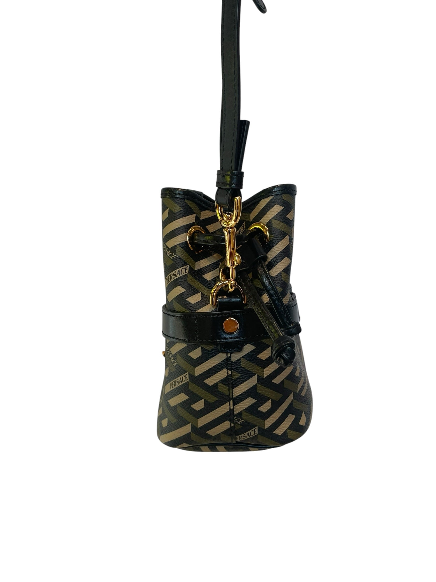 VERSACE/Cross Body Bag/All Over Print/Leather/BLK/mini bucket bag/blk/khaki/grn view 3