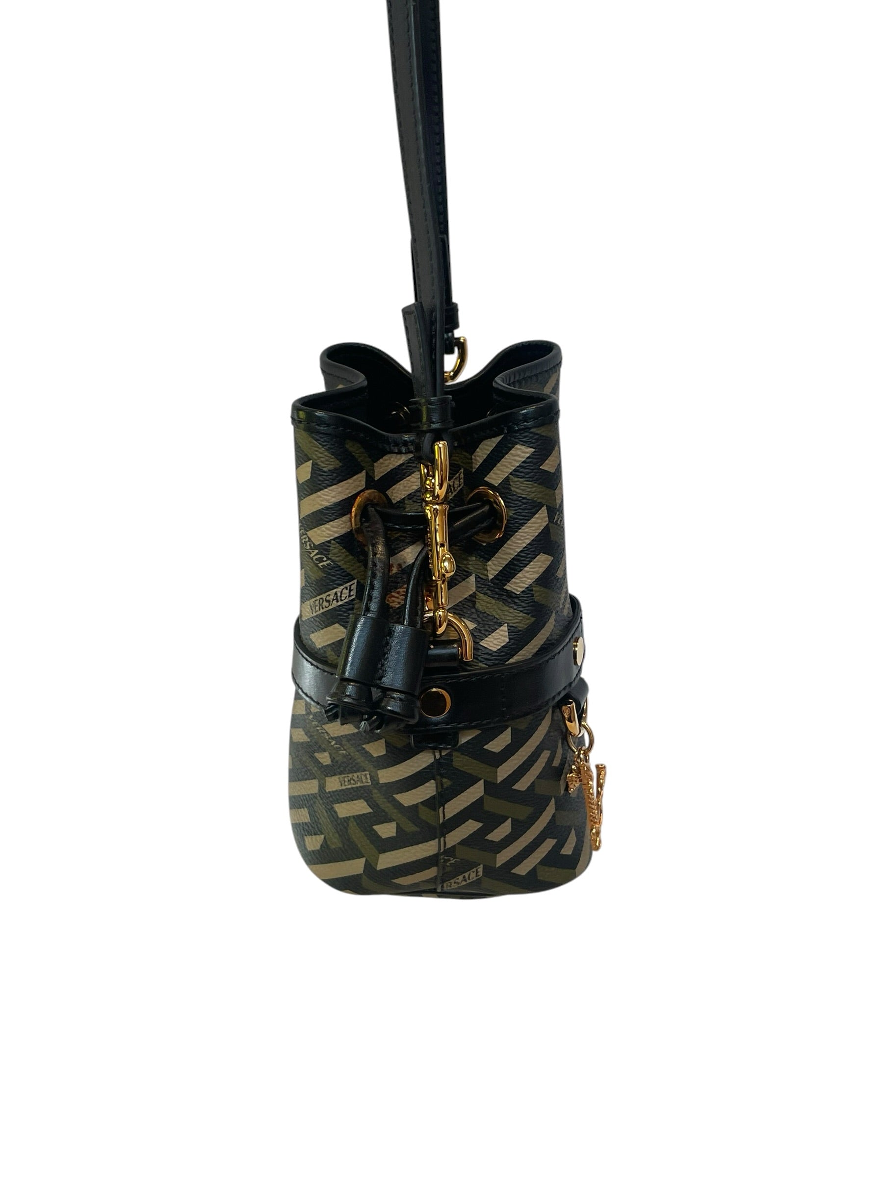 VERSACE/Cross Body Bag/All Over Print/Leather/BLK/mini bucket bag/blk/khaki/grn view 4