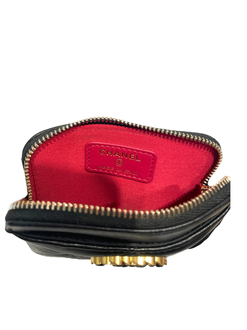 CHANEL/Coin Wallet/Leather/BLK/gold emblem/zipper/card holder