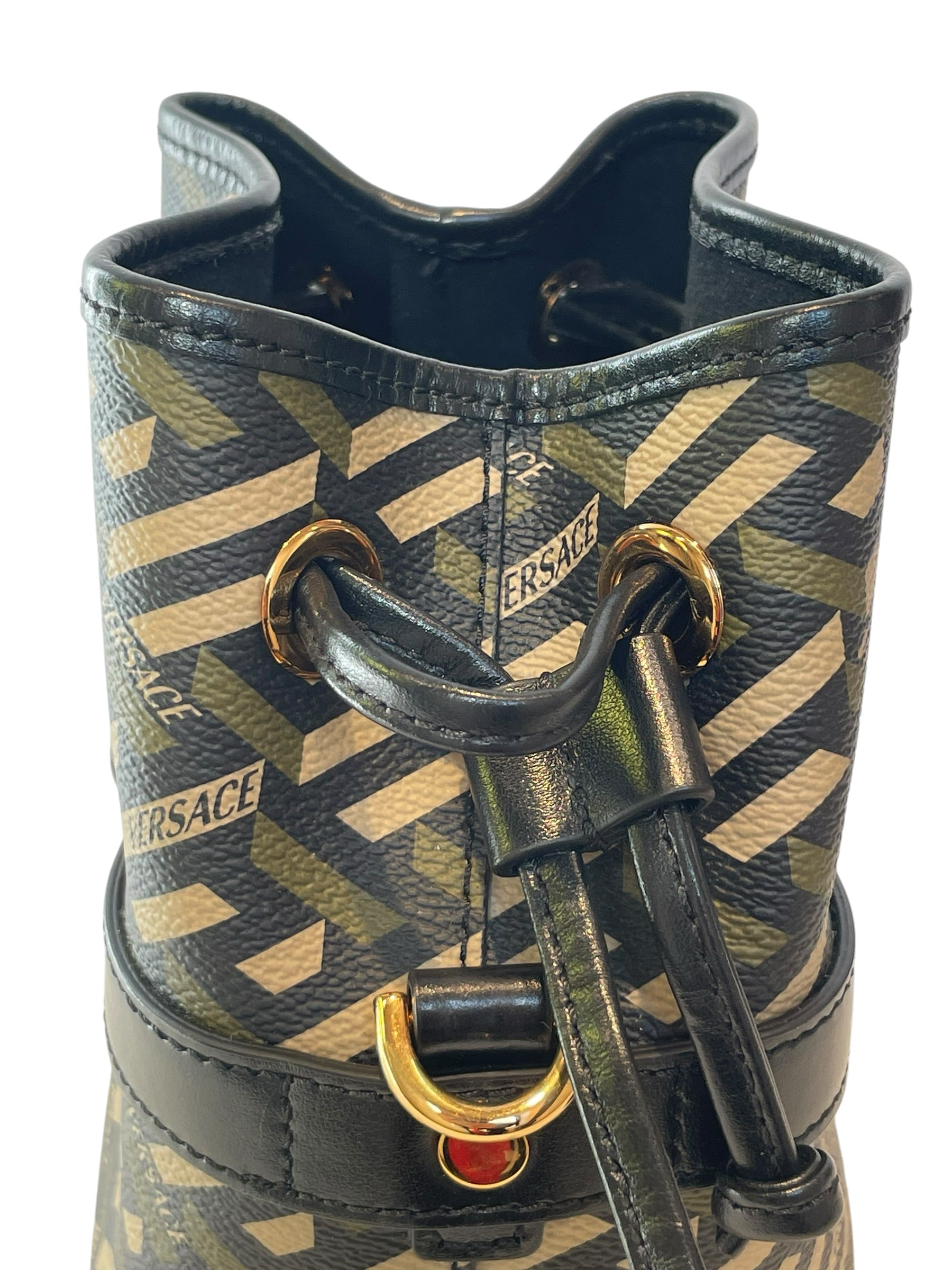 VERSACE/Cross Body Bag/All Over Print/Leather/BLK/mini bucket bag/blk/khaki/grn view 7