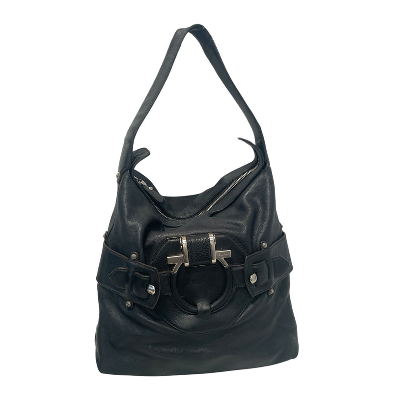 Salvatore Ferragamo/Hand Bag/Leather/BLK/Boho Silver metal logo