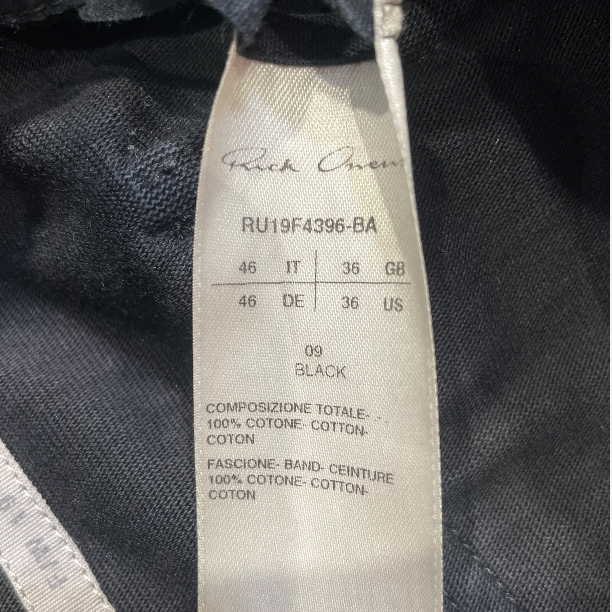Rick Owens/Pants/36/Cotton/BLK/RU19F4396-BA view 4