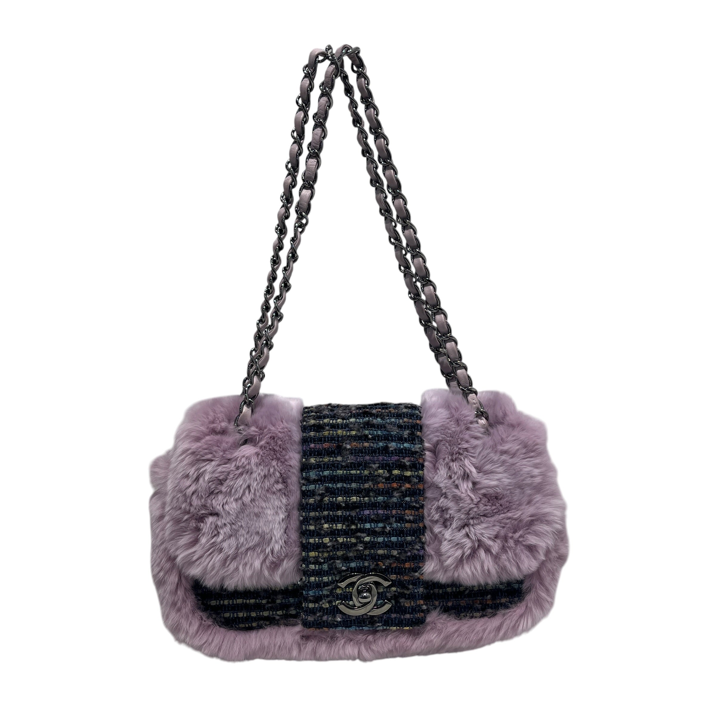 CHANEL/Hand Bag/All Over Print/Fur/PPL/Fantasy Fur Tweed Flap Lilac