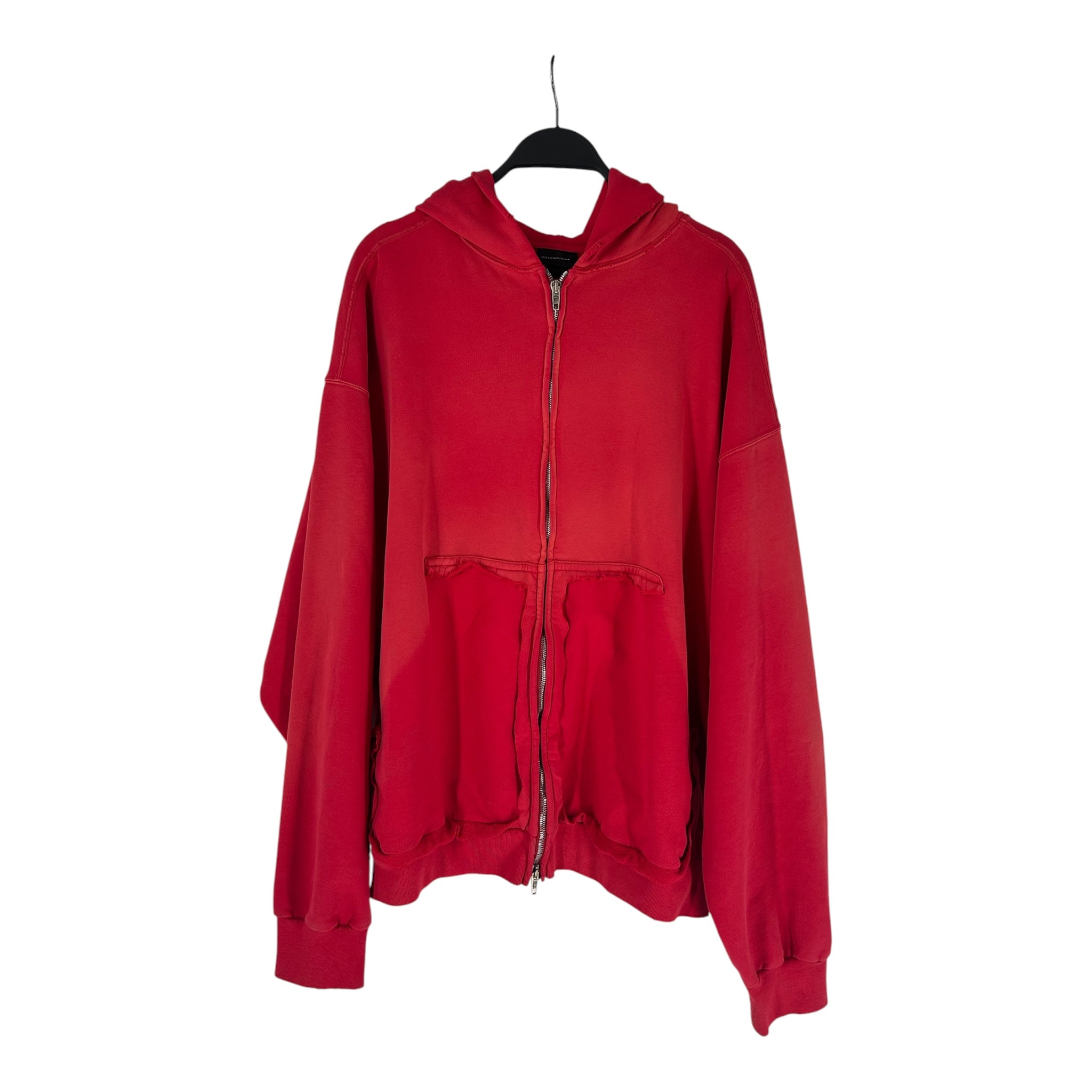 BALENCIAGA/Zip Up Hoodie/XS/Cotton/RED/YELLOW TAPE BACK LOGO RIP PCKT view 1