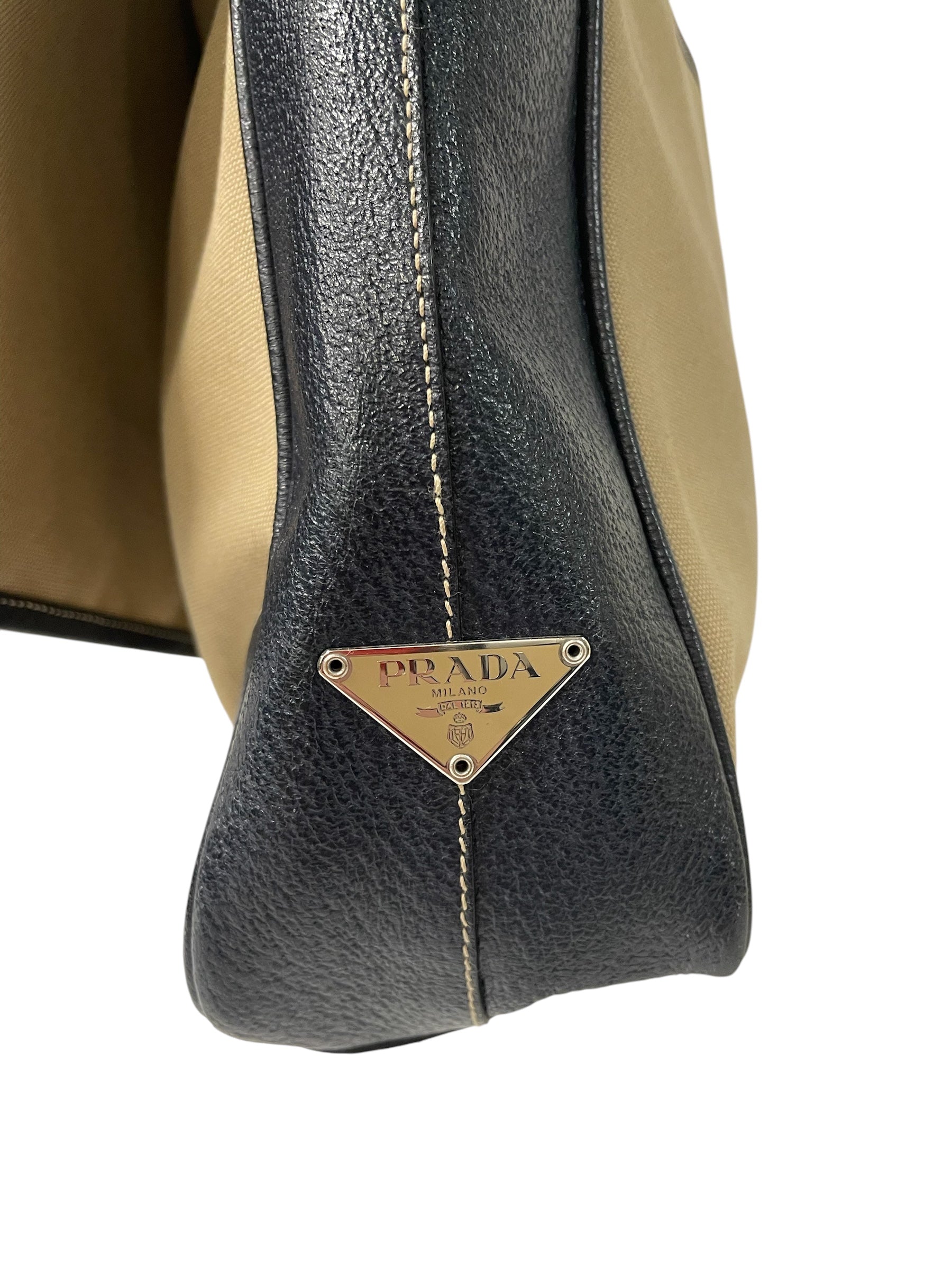 PRADA/Cross Body Bag/Cotton/BEG/canvas & navy leather, 53 view 3
