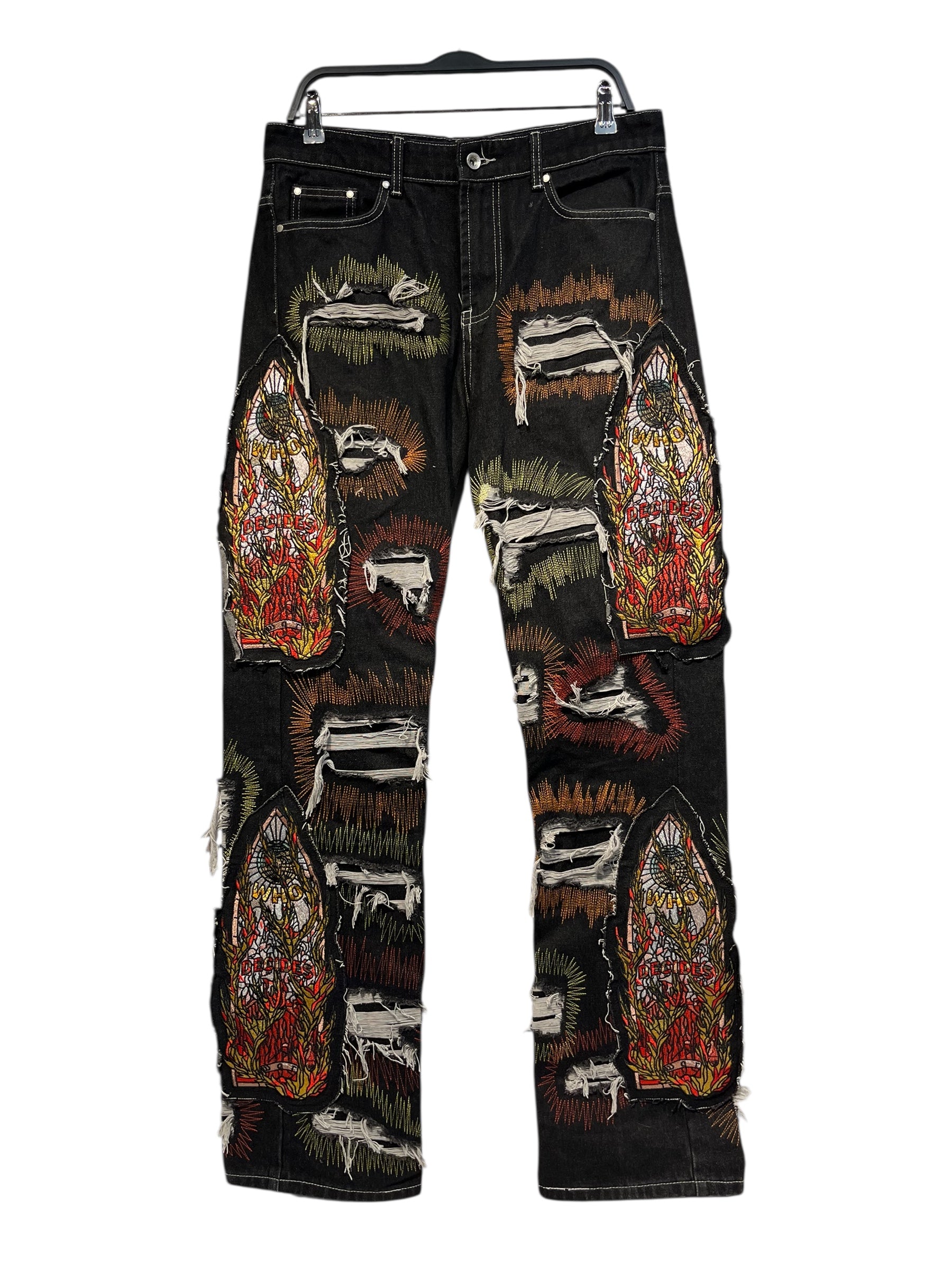 WHO DECIDES WAR/Pants/30/Cotton/BLK/All Over Print/all over embroidery denim view 1