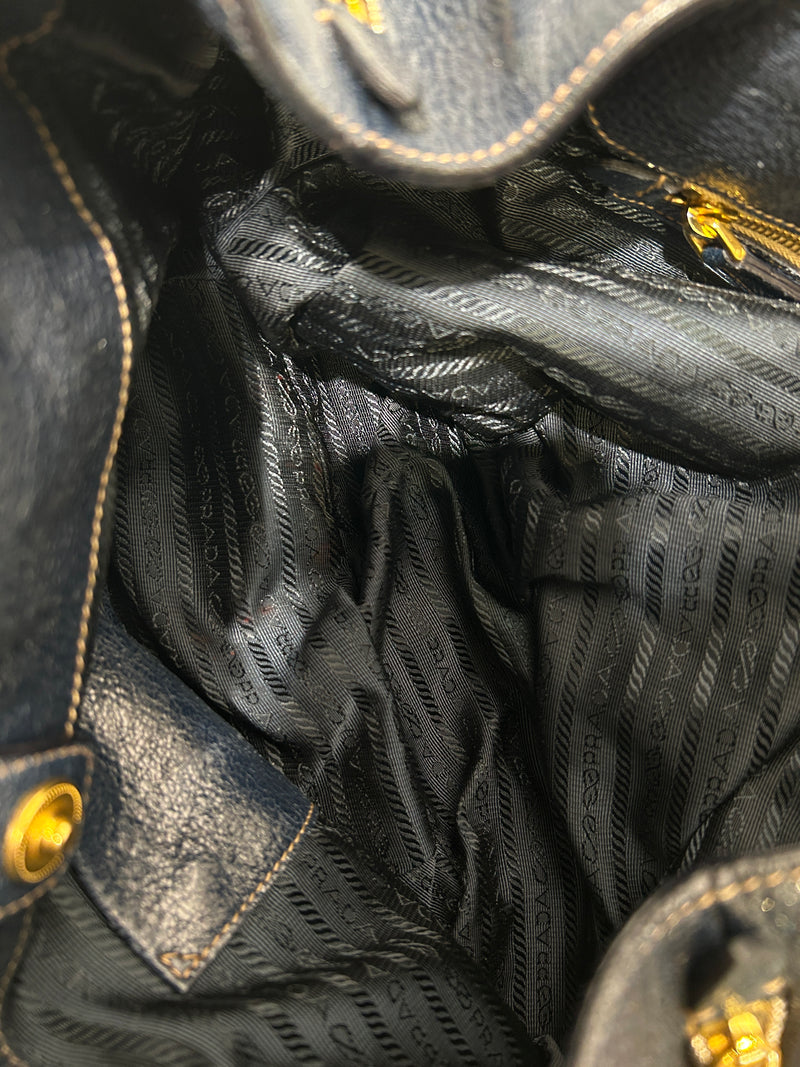 PRADA/Bag/Glitter/Leather/NVY/SIDE GOLD ZIPPER TOTE