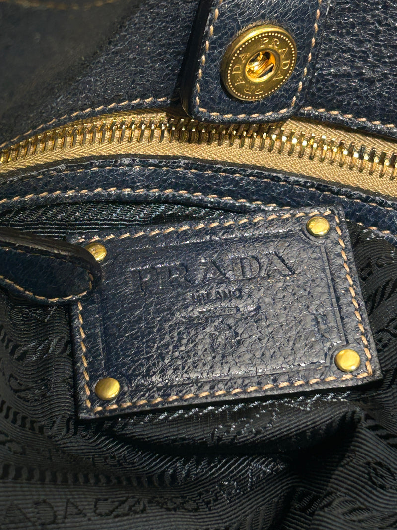 PRADA/Bag/Glitter/Leather/NVY/SIDE GOLD ZIPPER TOTE