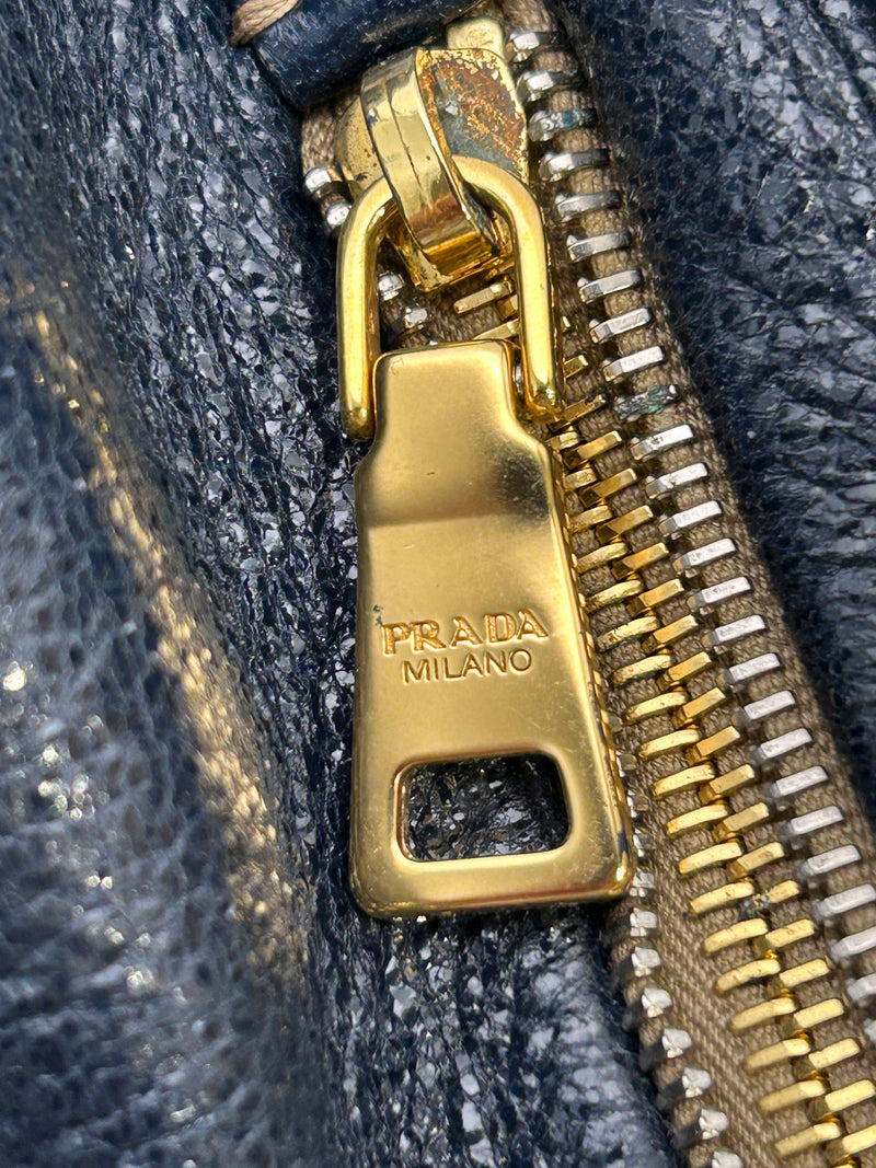 PRADA/Bag/Glitter/Leather/NVY/SIDE GOLD ZIPPER TOTE