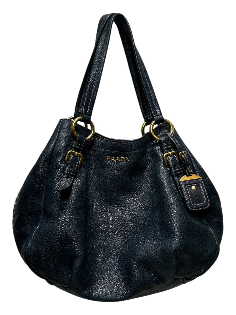 PRADA/Bag/Glitter/Leather/NVY/SIDE GOLD ZIPPER TOTE