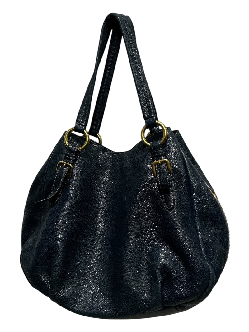 PRADA/Bag/Glitter/Leather/NVY/SIDE GOLD ZIPPER TOTE