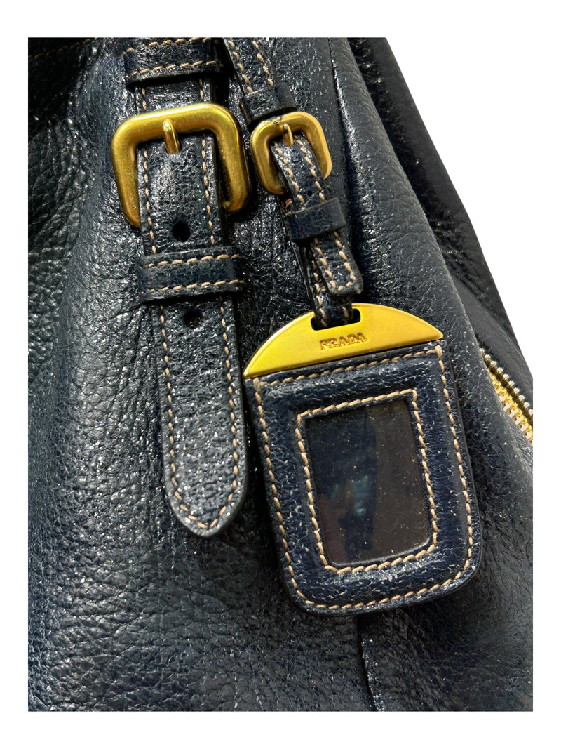 PRADA/Bag/Glitter/Leather/NVY/SIDE GOLD ZIPPER TOTE