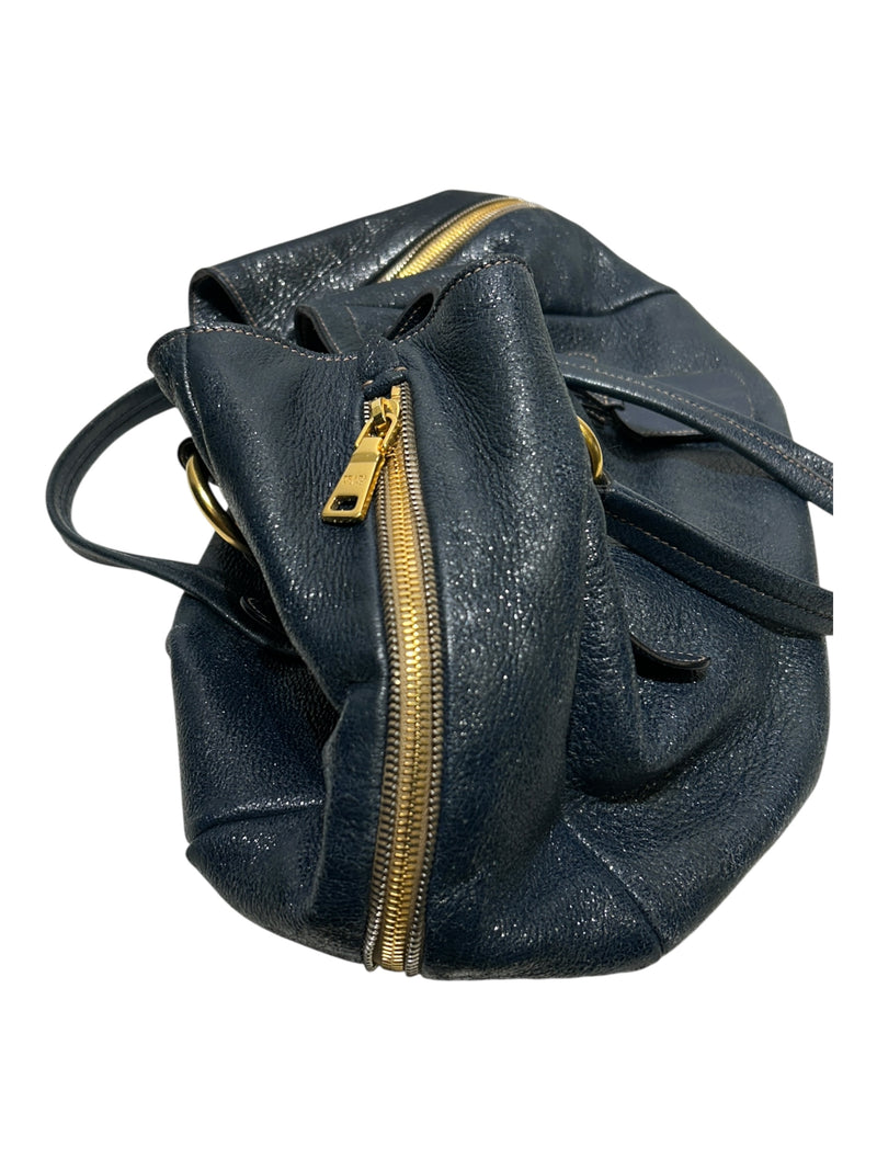 PRADA/Bag/Glitter/Leather/NVY/SIDE GOLD ZIPPER TOTE