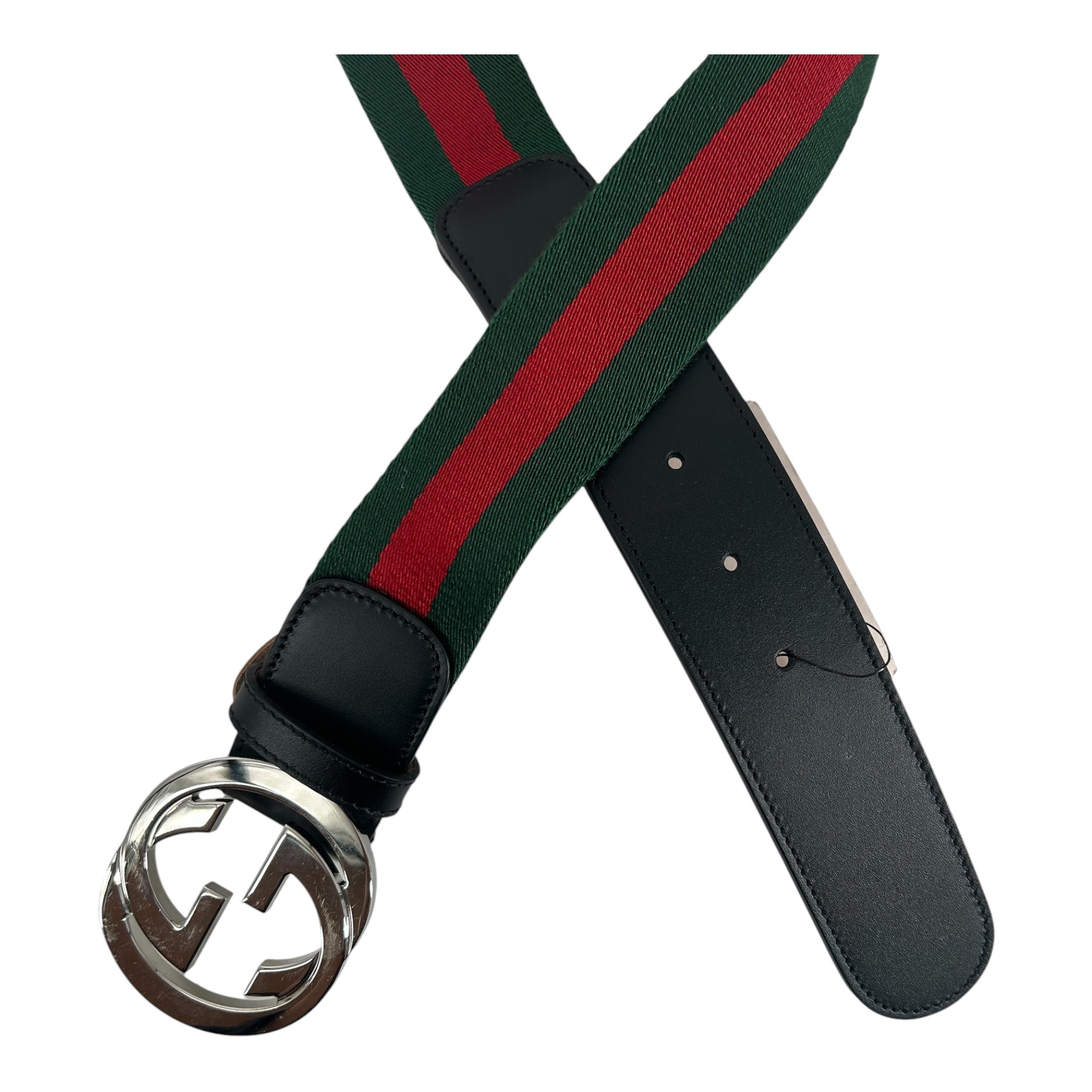 GUCCI/Belt/Leather/BLK/M's/STITCHED GRN RED SILVER GG BKL view 2