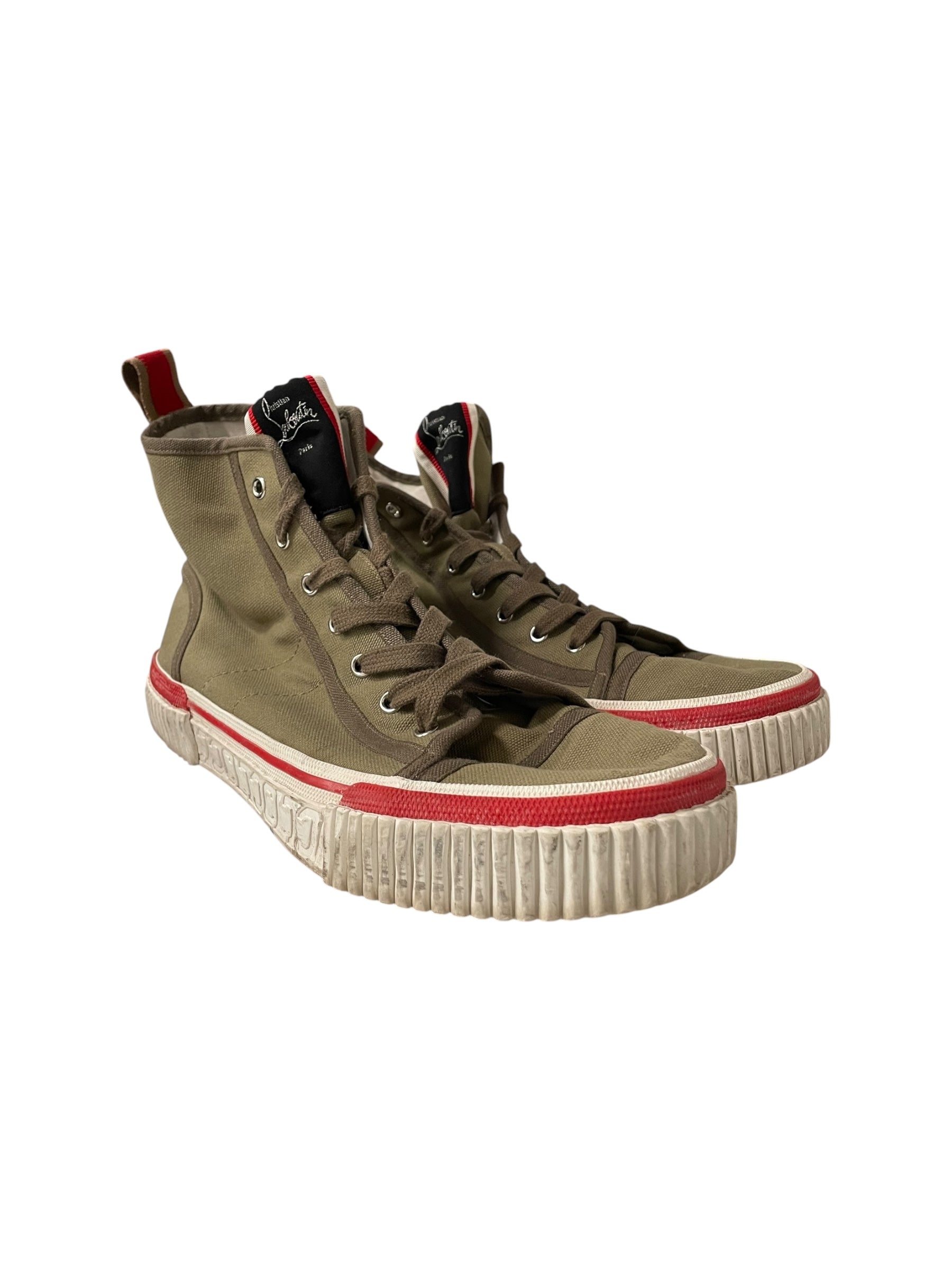 Christian Louboutin/Hi-Sneakers/EU 44/Cotton/KHK/RUBBER TRIM/ RED OUTLINE view 1