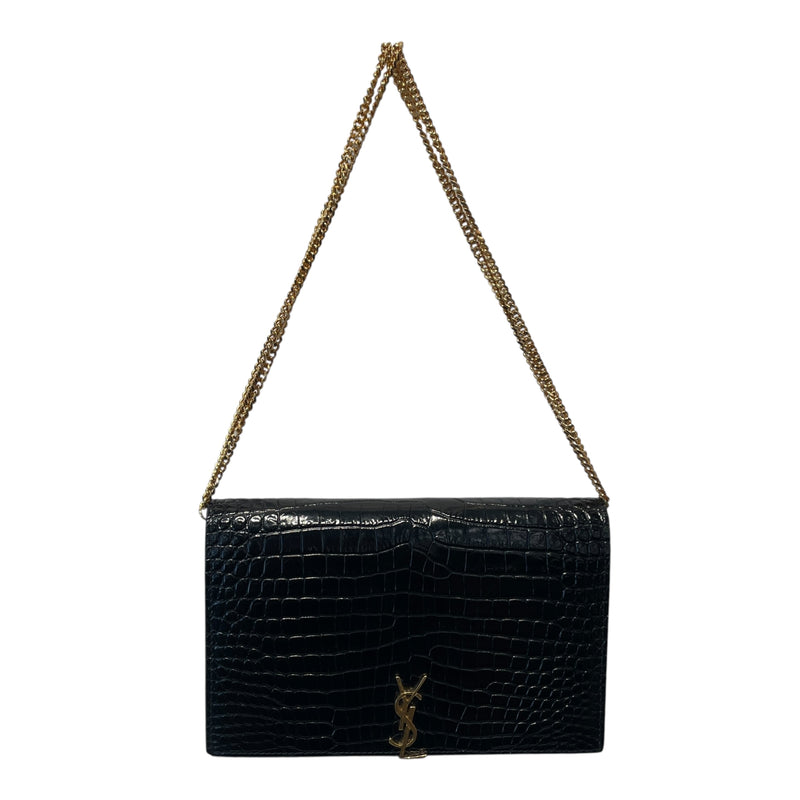 SAINT LAURENT/Cross Body Bag/Animal Pattern/Leather/BLK/CROC EMBOSSED WALLET ON CHAIN