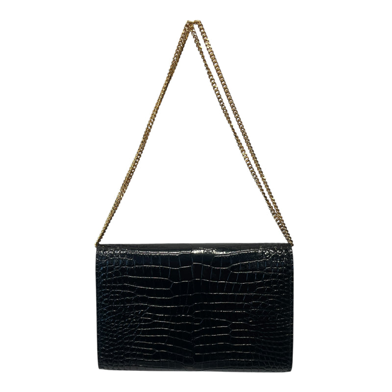 SAINT LAURENT/Cross Body Bag/Animal Pattern/Leather/BLK/CROC EMBOSSED WALLET ON CHAIN